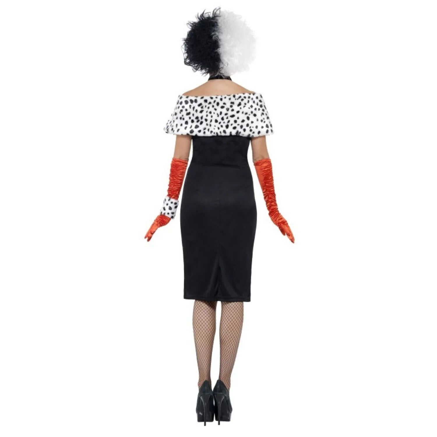 Disfraz Cruella compuesto por vestido, guantes, bolero, manguito y gargantilla para Carnaval y Halloween