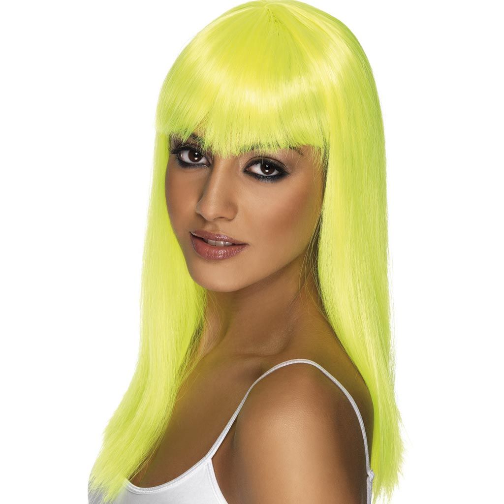 Peluca amarilla fluor con flequillo para disfraz llamativo - mercadisfraces