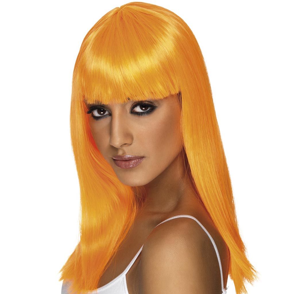 Peluca naranja con flequillo y melena larga para disfraz
