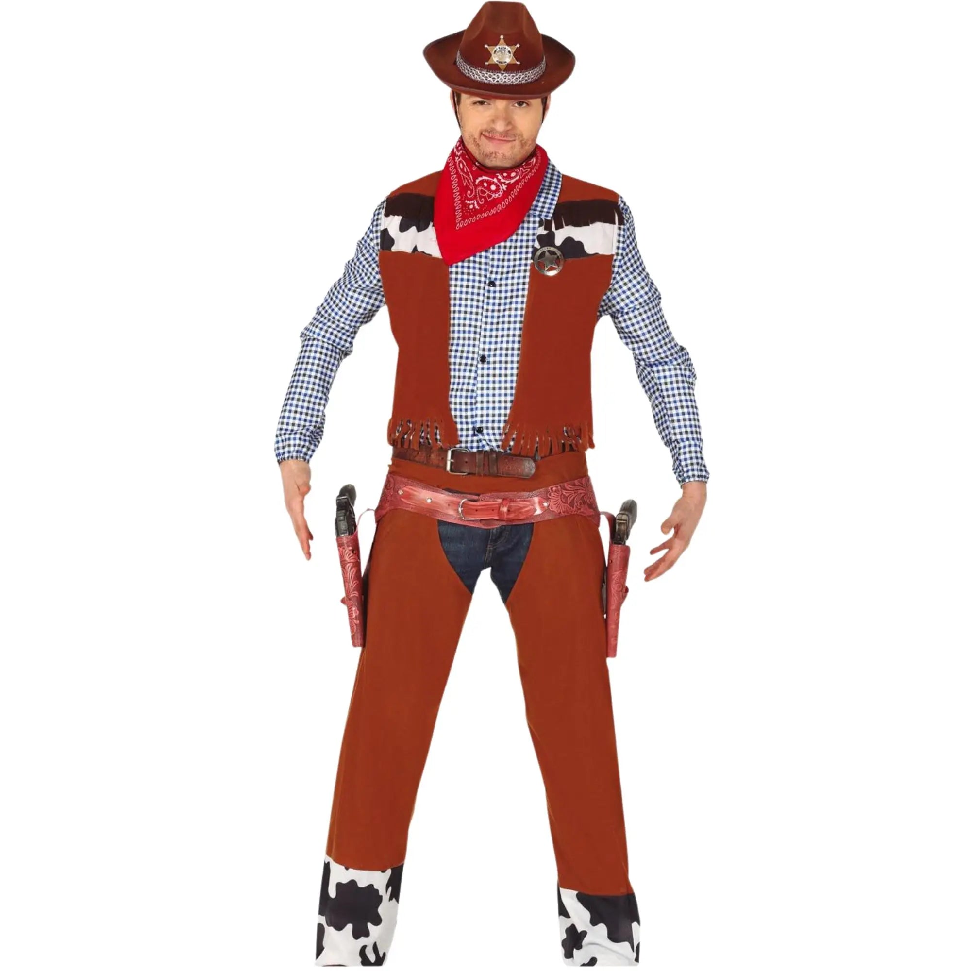 Disfraz de vaquero adulto con chaleco, camisa y pantalón estilo cowboy del oeste para Carnaval
