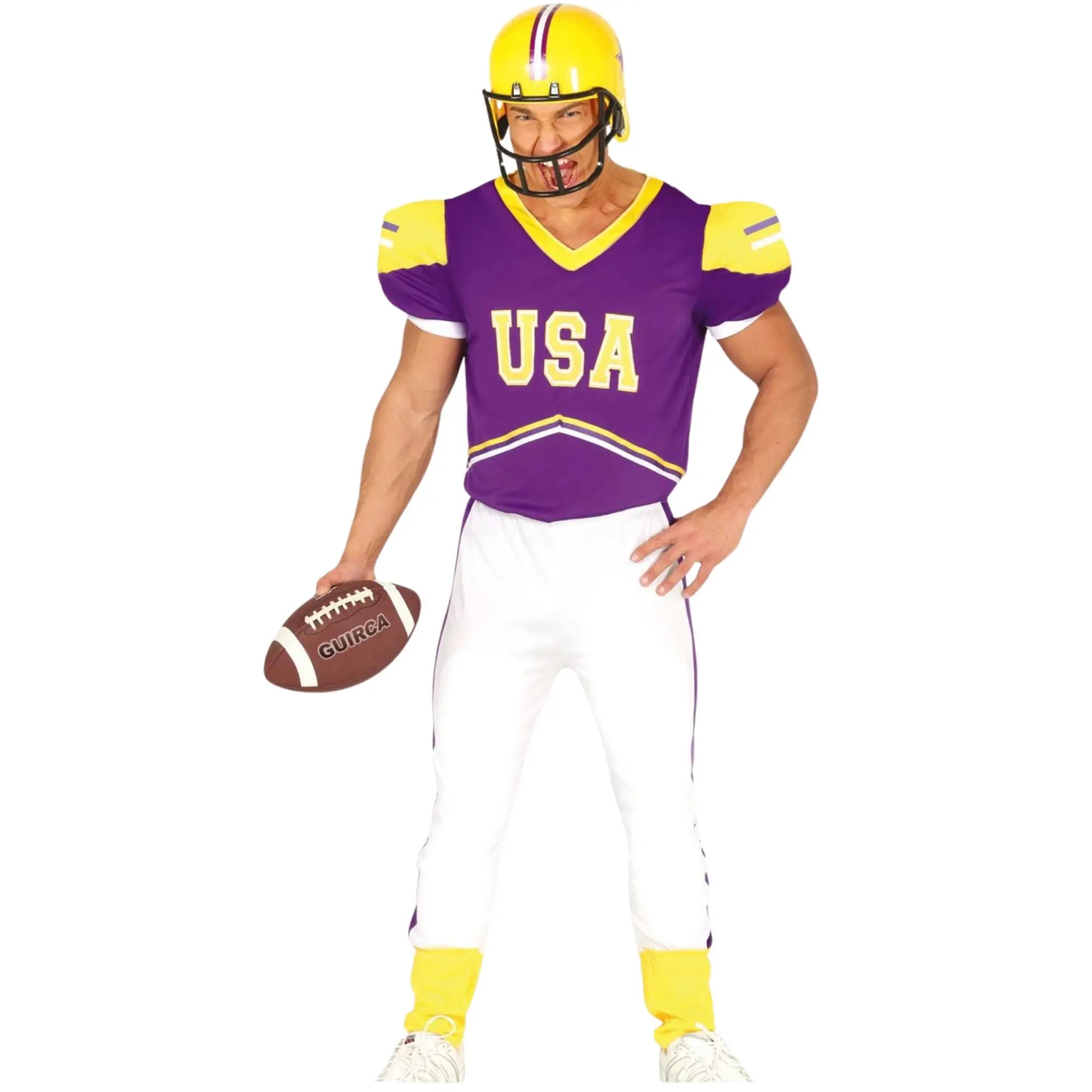Disfraz de quarterback adulto con hombreras, camiseta y pantalón estilo fútbol americano para Carnaval