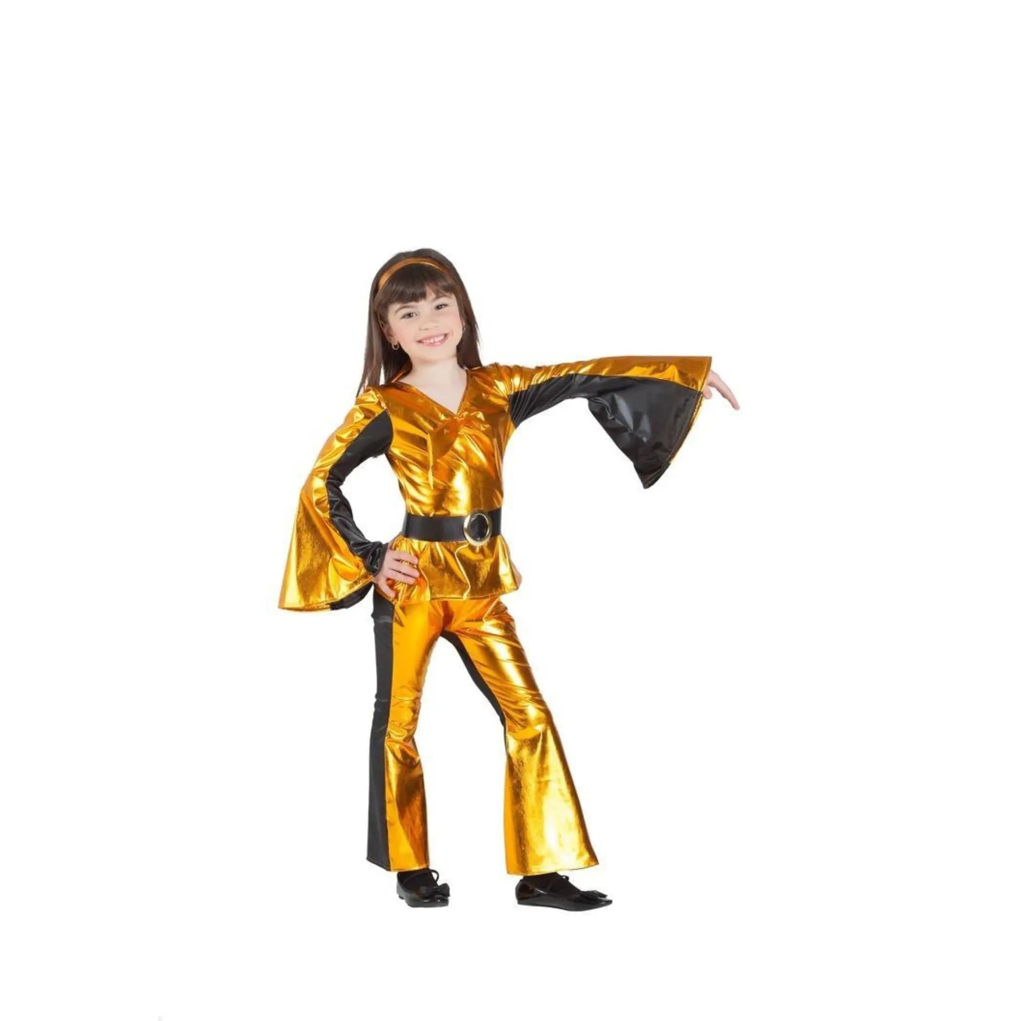 Disfraz disco dorado infantil con camisa brillante, pantalón, cinturón y cinta para la cabeza estilo retro años 70
