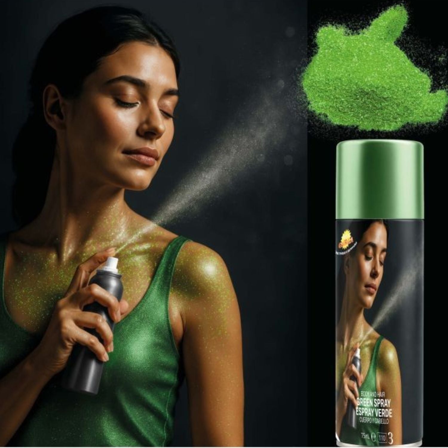 Spray Maquillaje Brillo Color Verde Tienda de disfraces online - Mercadisfraces