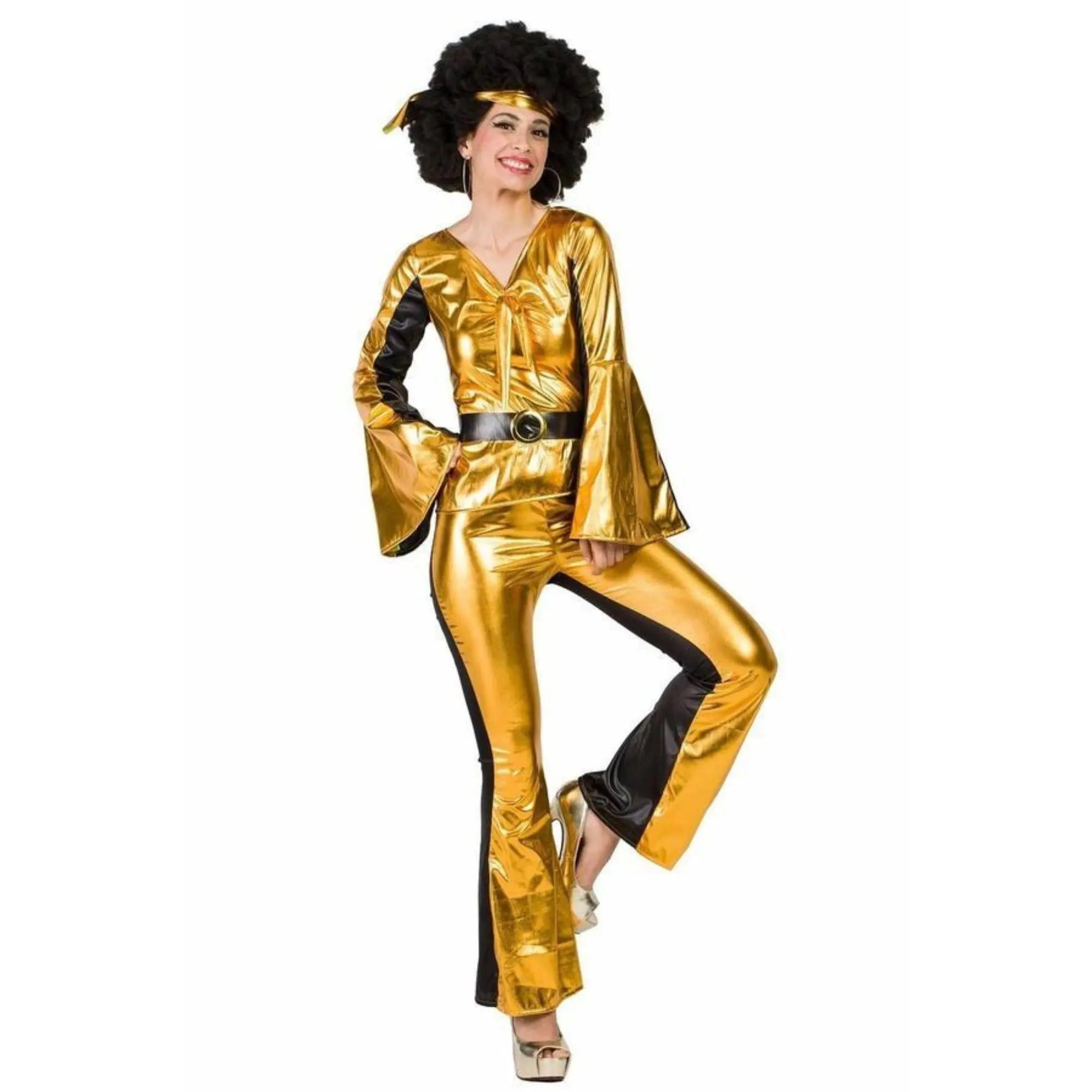 Disfraz disco dorado para mujer con blusa brillante, pantalón acampanado, cinturón y cinta de cabeza estilo años 70