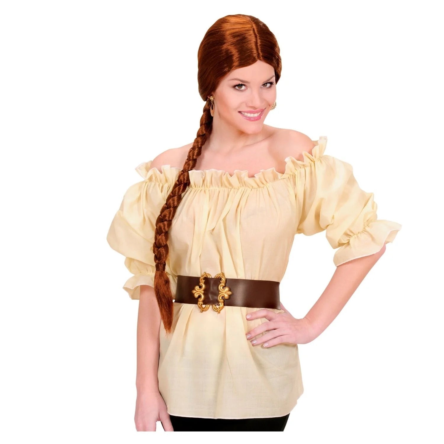 Camisa beige de pirata para mujer con hombros descubiertos y mangas amplias estilo medieval