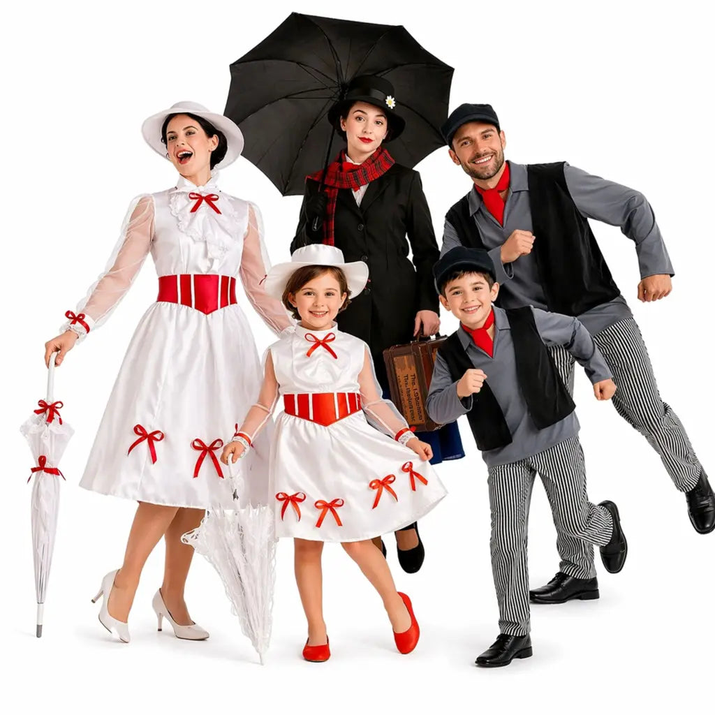 Grupo familiar disfrazado de Mary Poppins y personajes clásicos coordinados