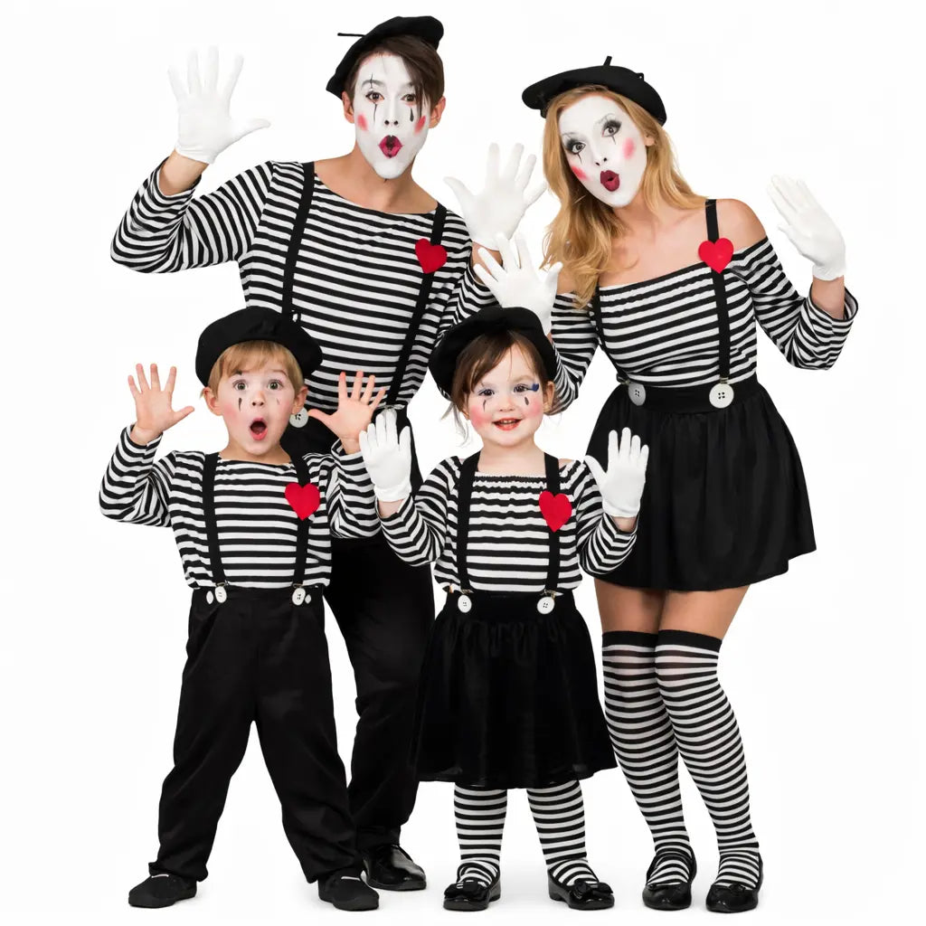 Grupo de personas disfrazadas de mimos con ropa blanca y negra y maquillaje facial en fiesta de Carnaval