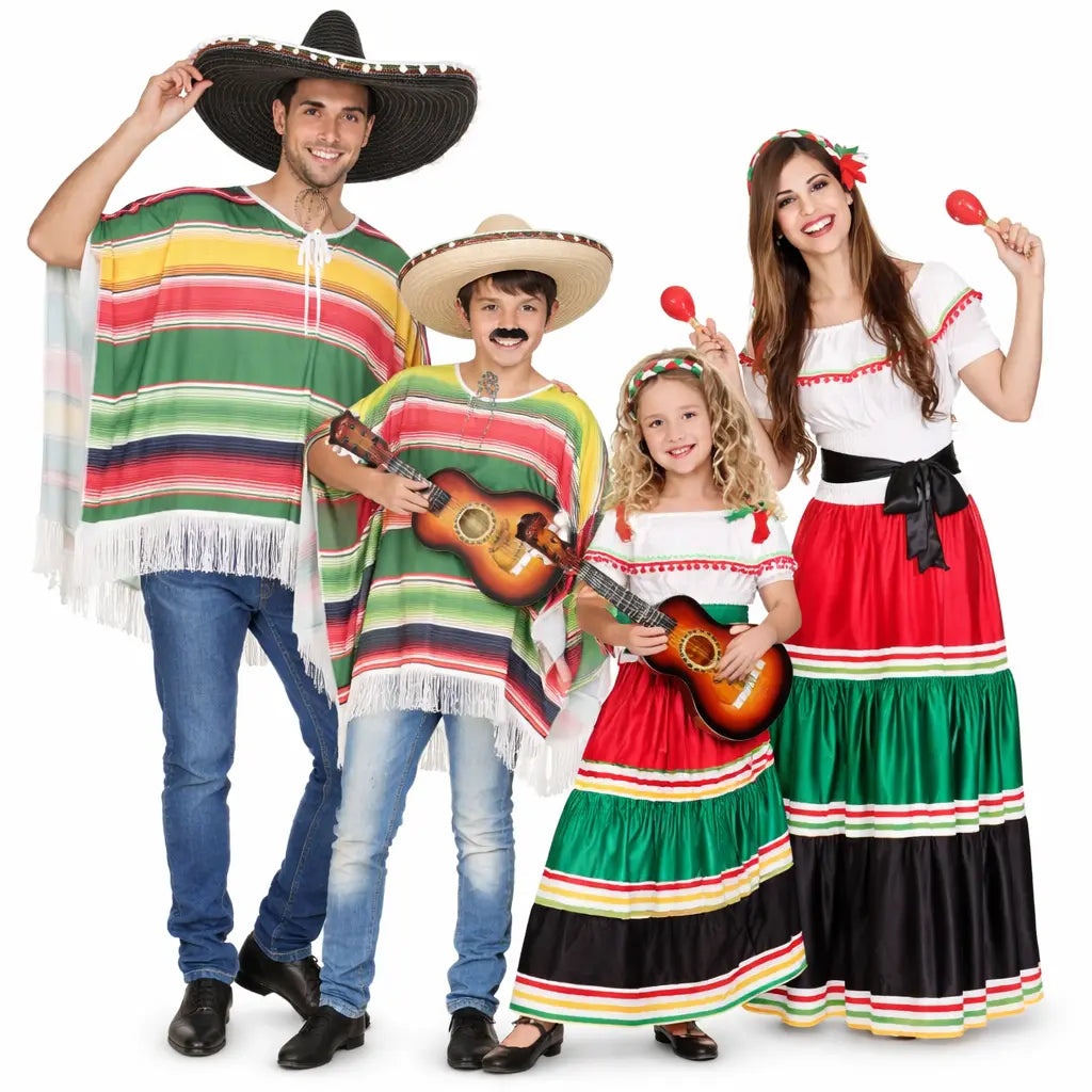 Familia disfrazada con trajes mejicanos coloridos lista para celebrar Carnaval en grupo
