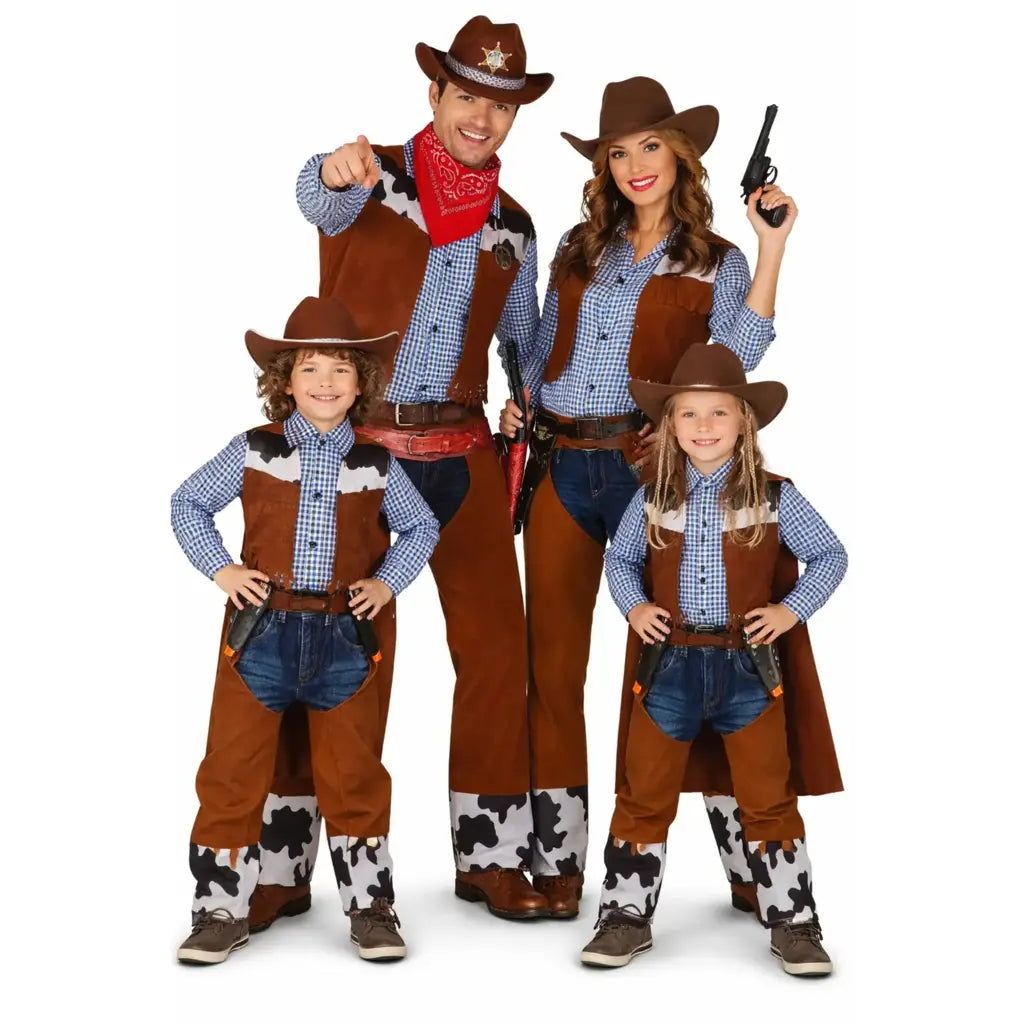 Grupo de amigos disfrazados de vaqueros del Oeste con sheriff, cowgirl y forajidos en Carnaval