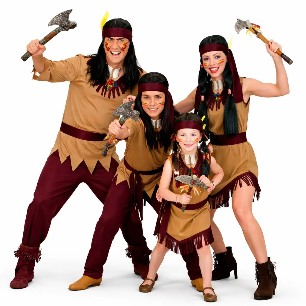 grupo de personas disfrazadas de indios con flecos y plumas coordinados para Carnaval o fiesta temática