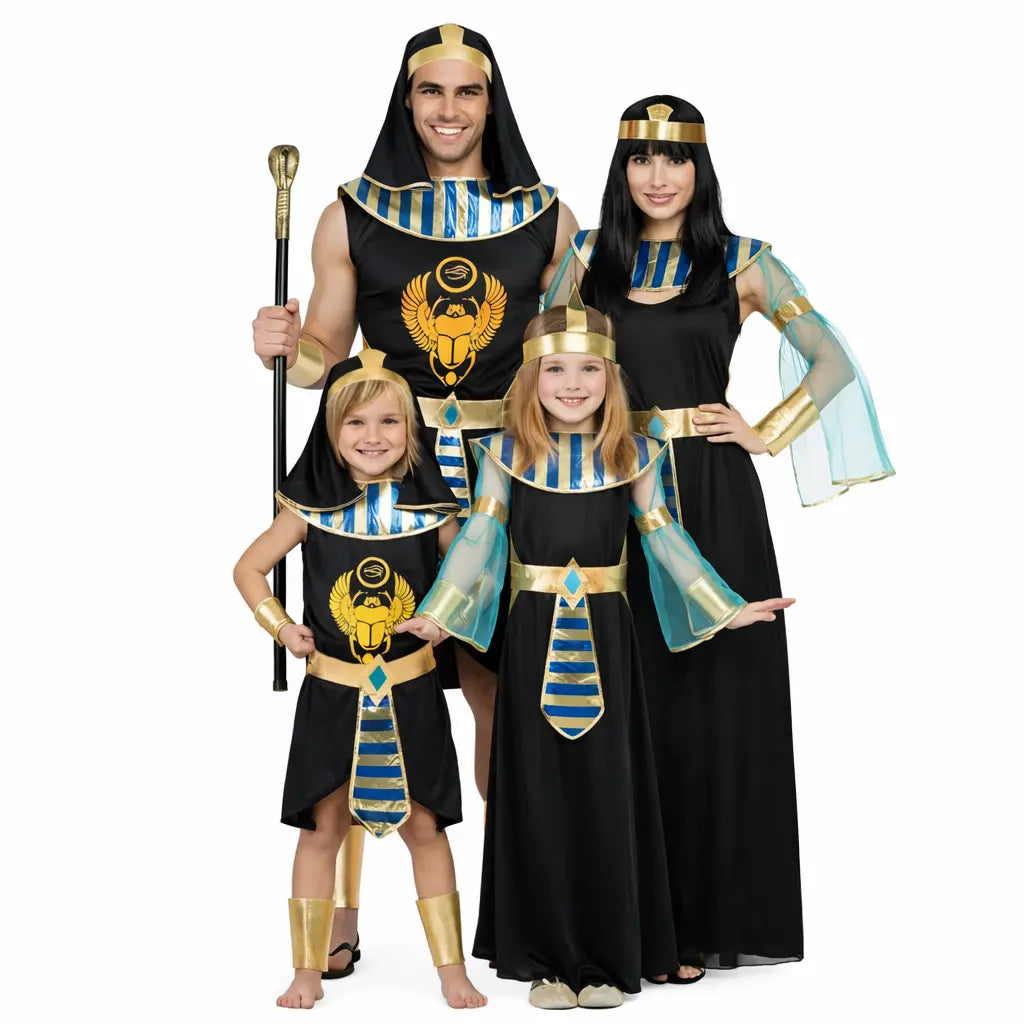 Grupo con disfraces de faraones y Cleopatras egipcios para Carnaval y fiestas temáticas