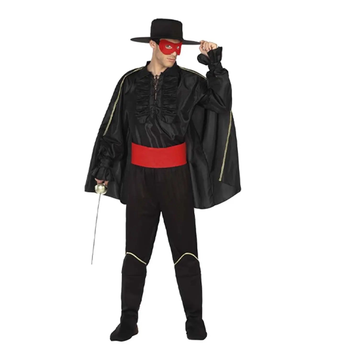 Disfraz de bandolero para adulto inspirado en los legendarios justicieros enmascarados como El Zorro, perfecto para Carnaval y fiestas temáticas.