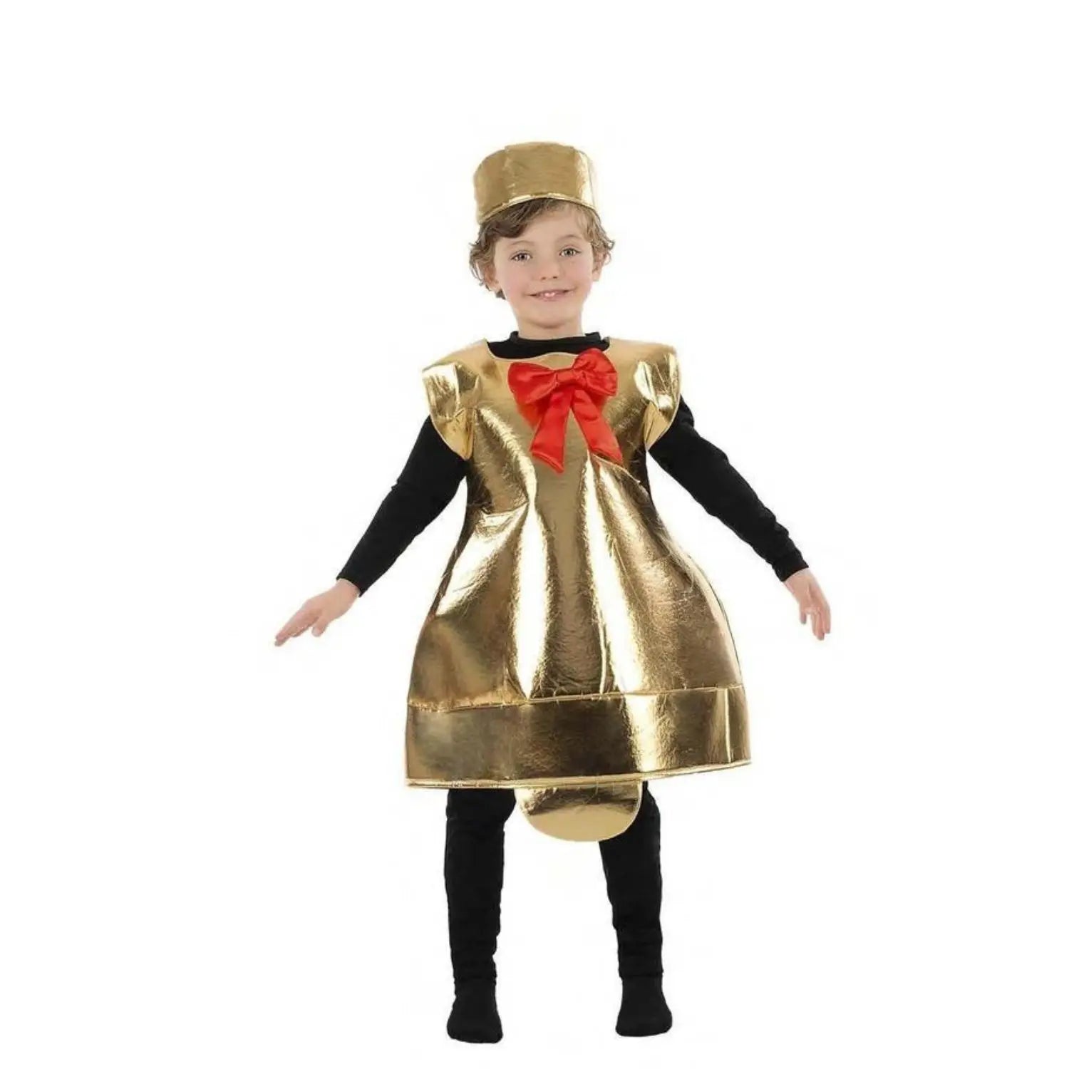 Disfraz de campana de Navidad infantil con lazo decorativo y sombrero navideño para niño en fiestas escolares o Navidad