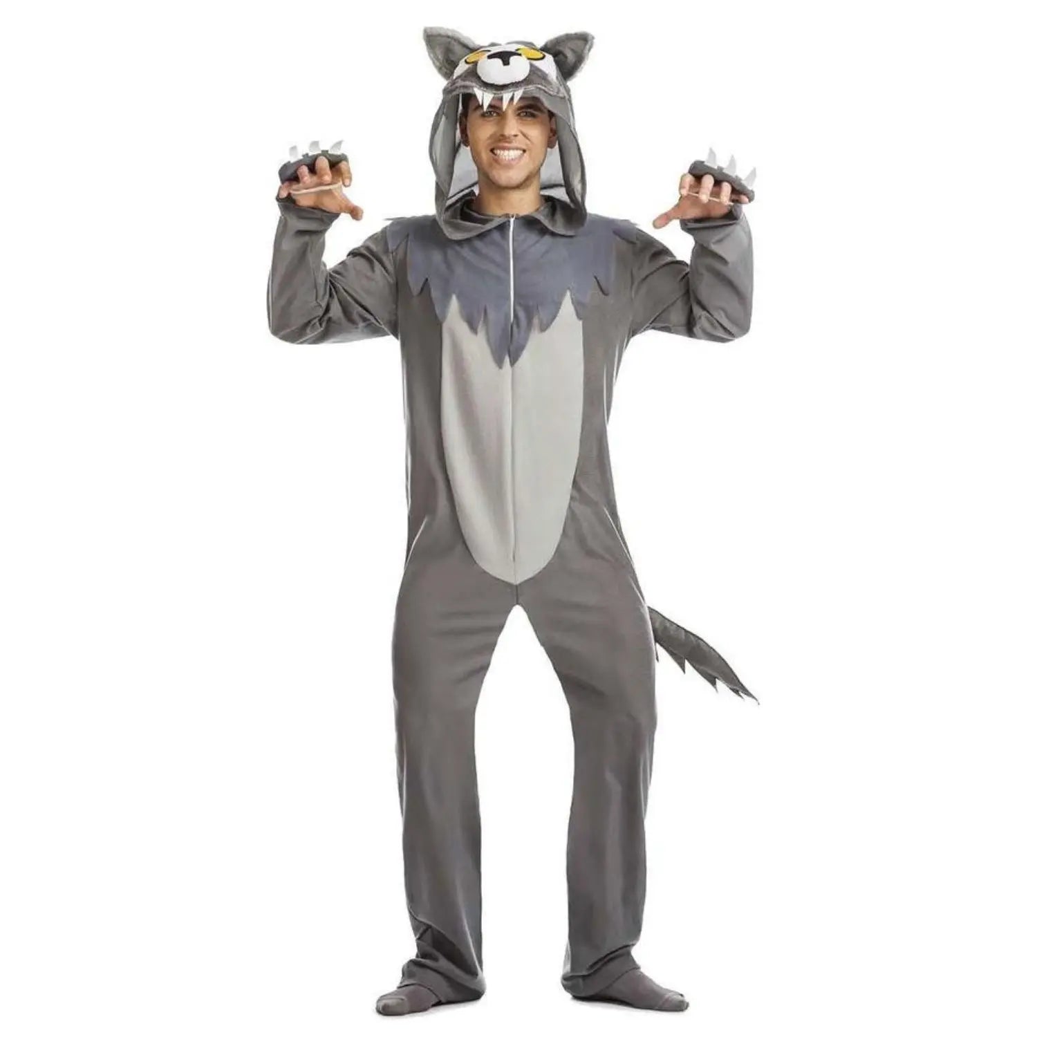 Disfraz de lobo para adulto con mono gris con cola y cabeza de lobo incluida