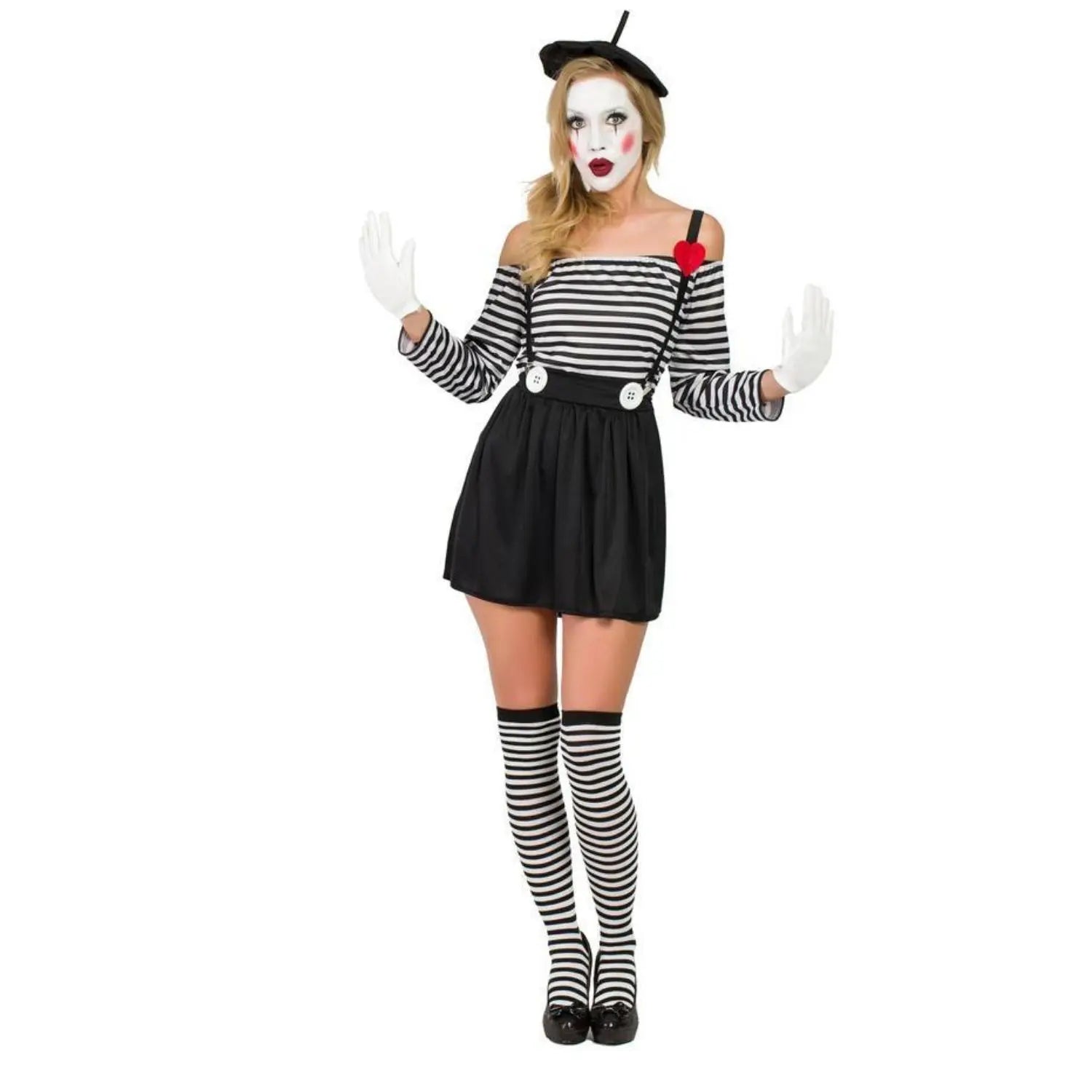 Disfraz de mimo para mujer con boina, falda, tirantes y guantes en estilo clásico de circo