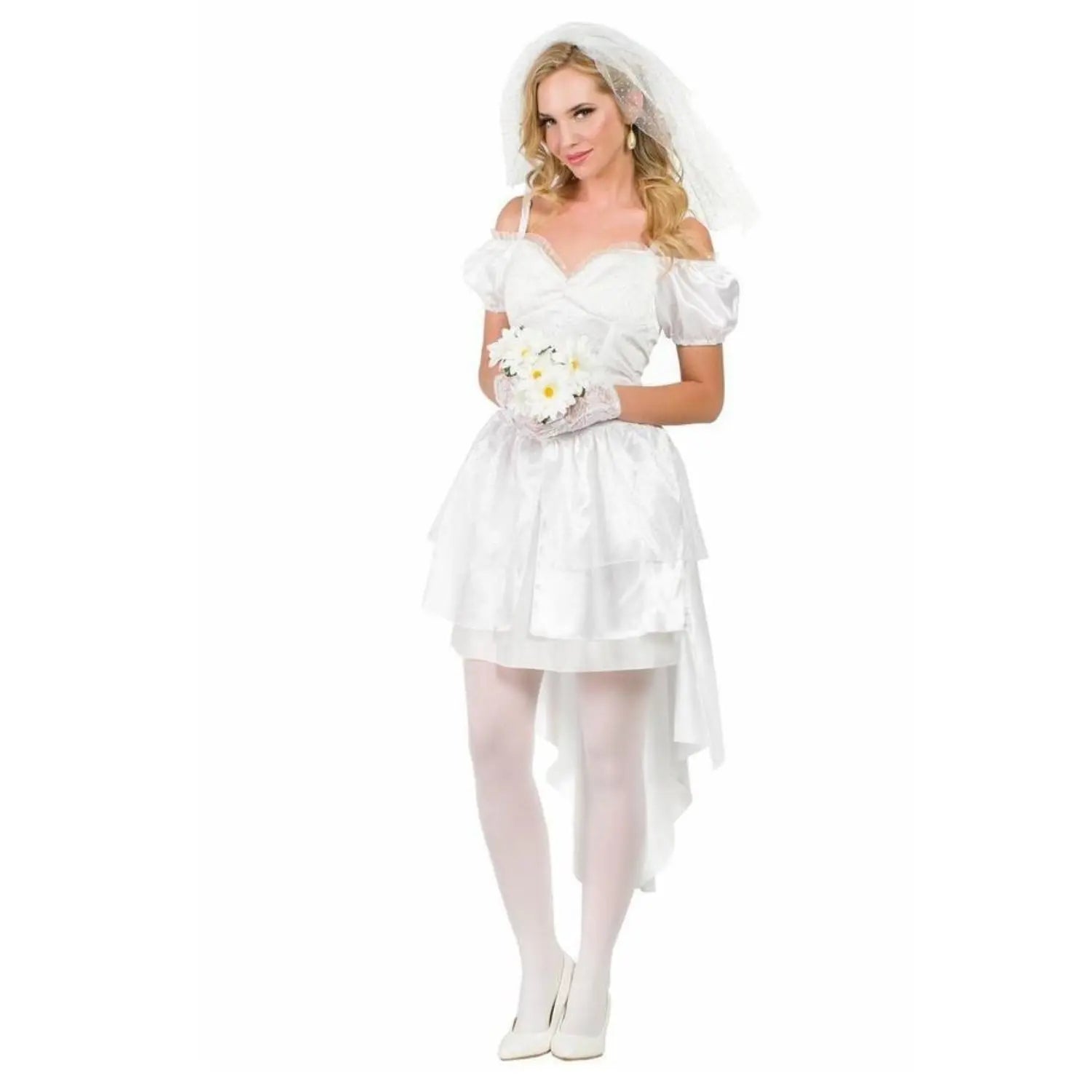 Disfraz de novia para adulto con vestido blanco largo, velo y guantes ideal para Carnaval o despedidas de soltero
