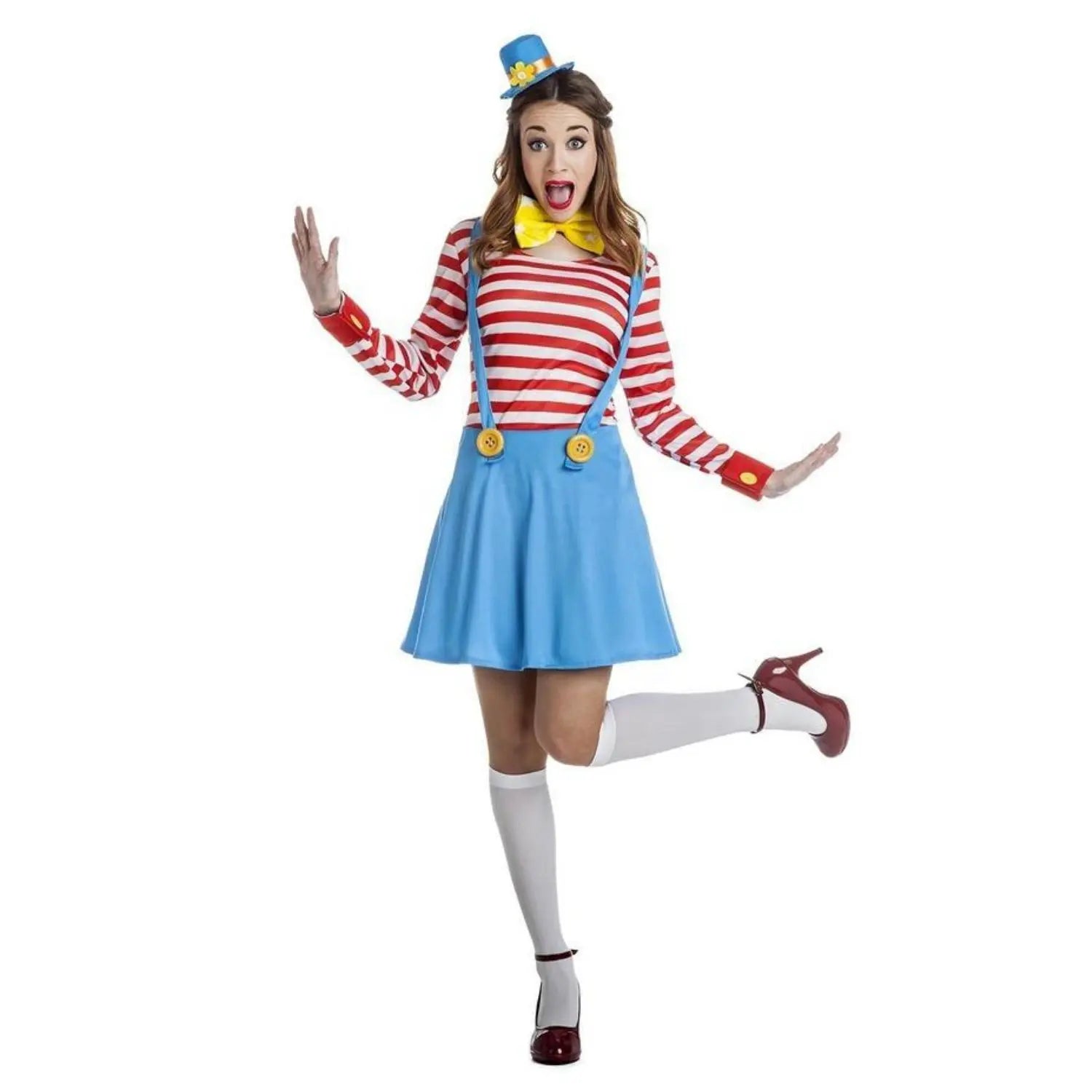 Disfraz de payasa para chica con vestido de tirantes, enagua, pajarita y tocado colorido para Carnaval o fiestas temáticas