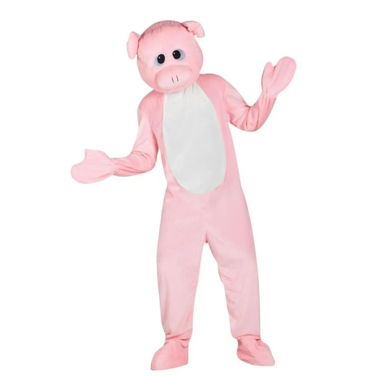 Disfraz de cerdo de peluche para adulto con mono rosa, cola, manoplas, cubrezapatos y cabeza incluida