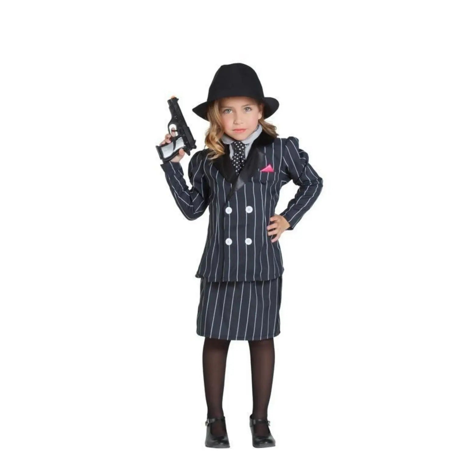 Disfraz de chica gánster infantil con chaqueta, corbata y falda para Carnaval y fiestas escolares