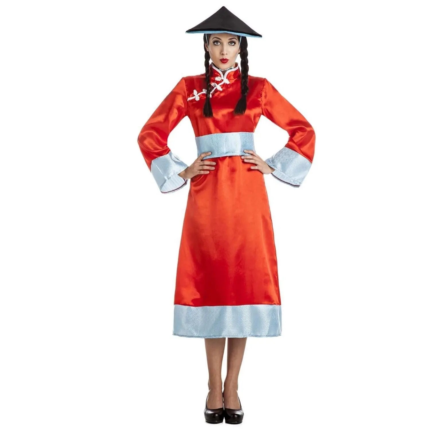 Disfraz de china en color rojo para mujer con vestido tradicional, fajín y sombrero oriental