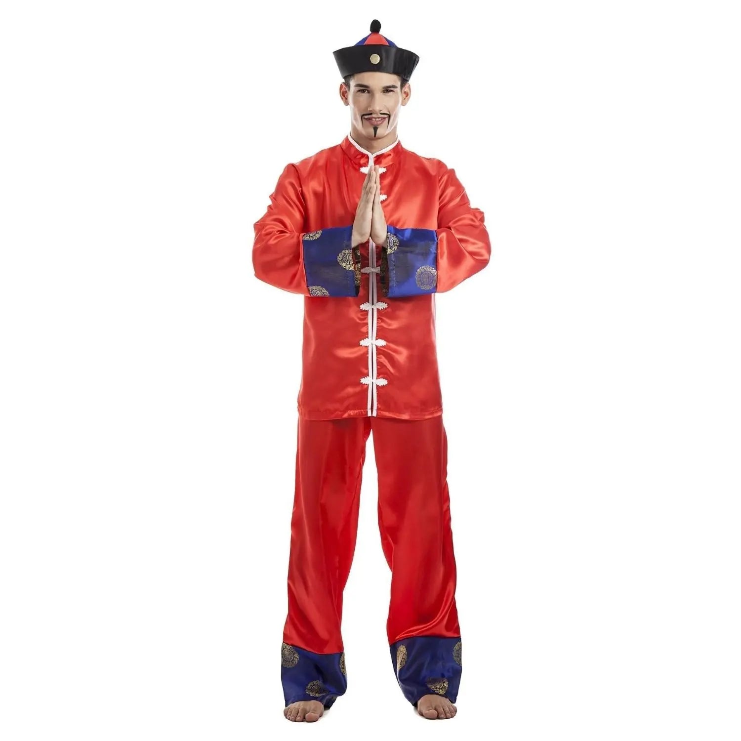 Disfraz de chino rojo para hombre con chaqueta, pantalón y sombrero tradicional oriental