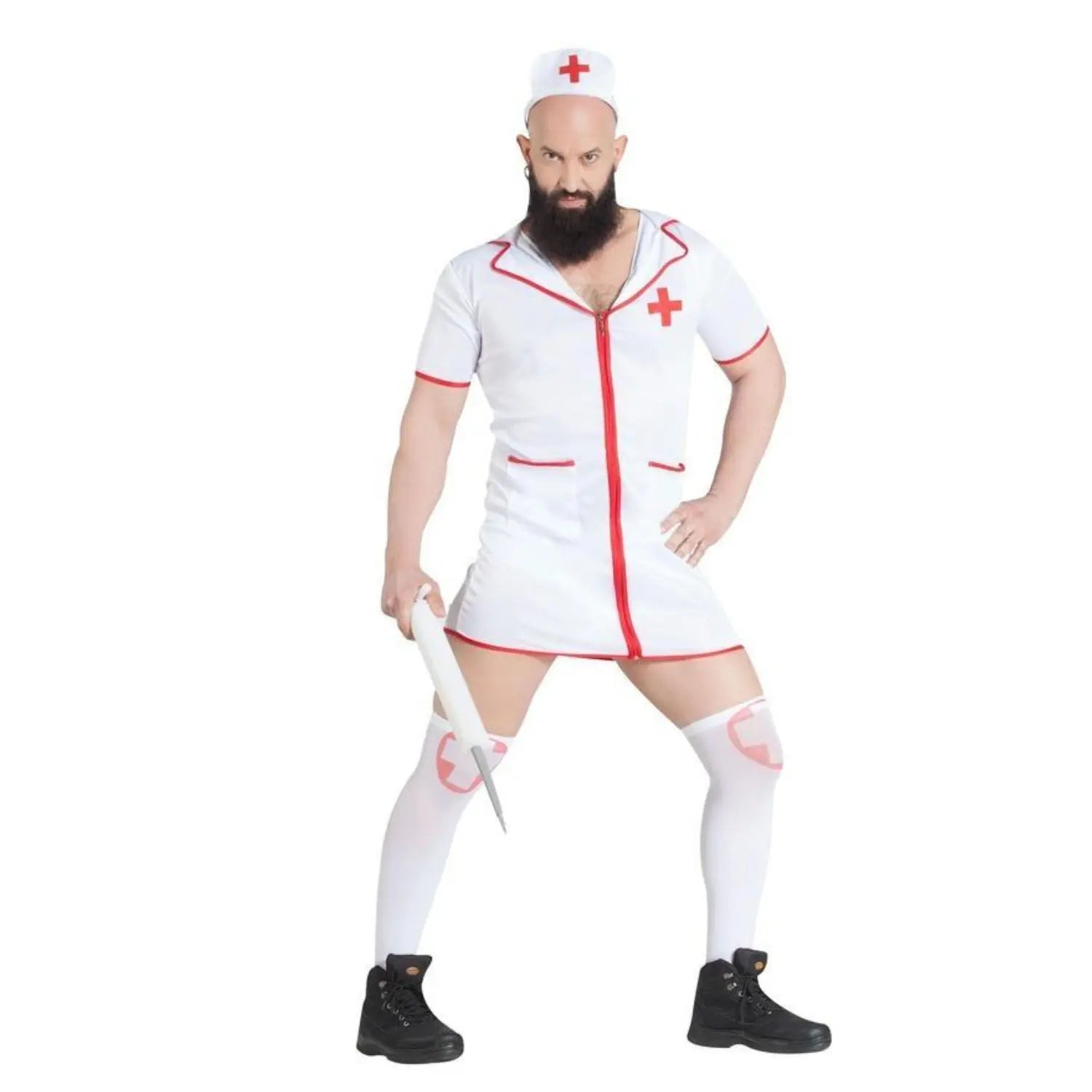 Disfraz de enfermera para hombre con bata blanca, cofia y medias para Carnaval o fiestas temáticas