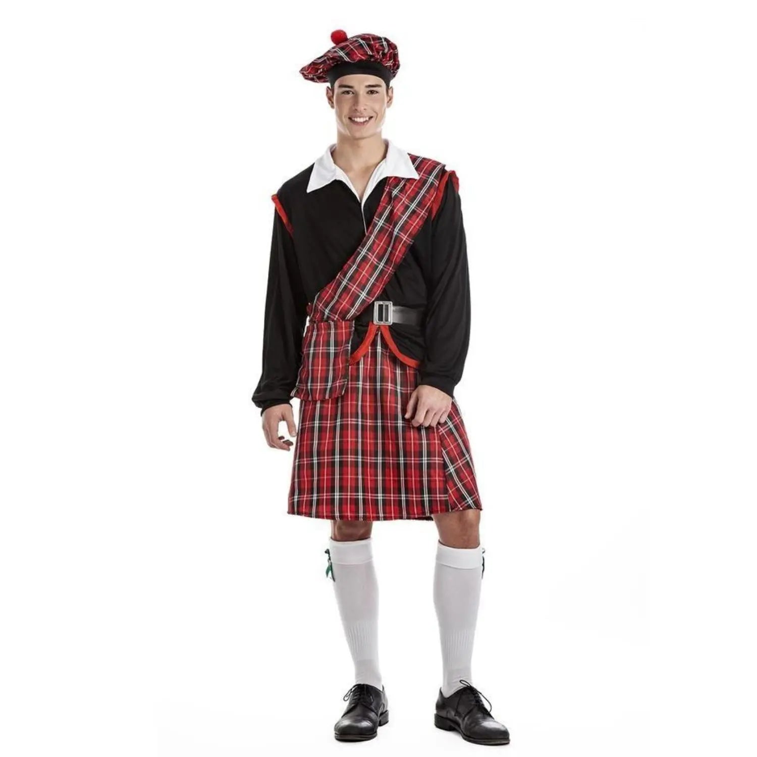 Disfraz de escocés para adulto con camisa, kilt tradicional, cinturón y boina negra ideal para Carnaval o fiestas temáticas