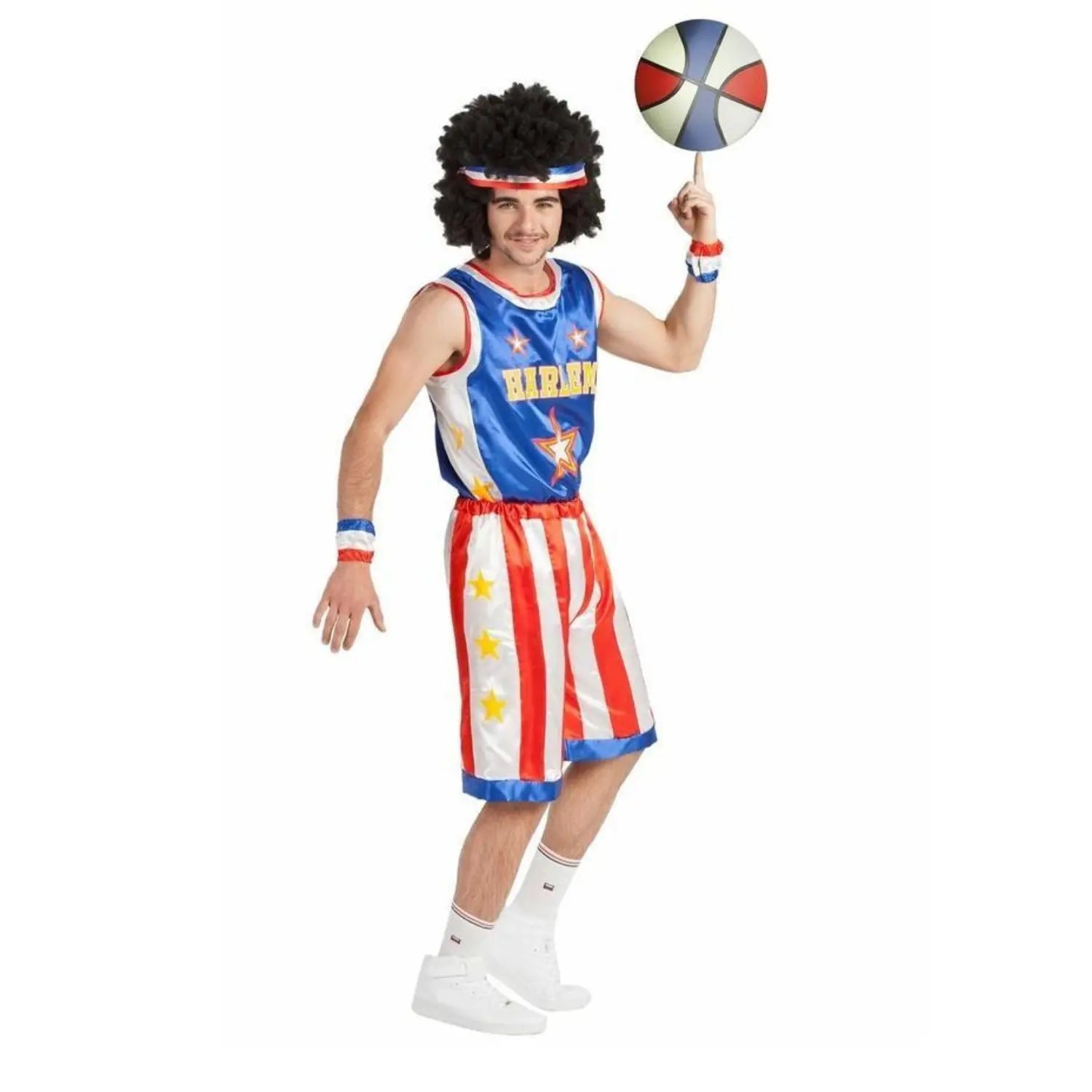 Disfraz de jugador de baloncesto para adulto con camiseta, pantalón, muñequeras y cinta deportiva para la cabeza