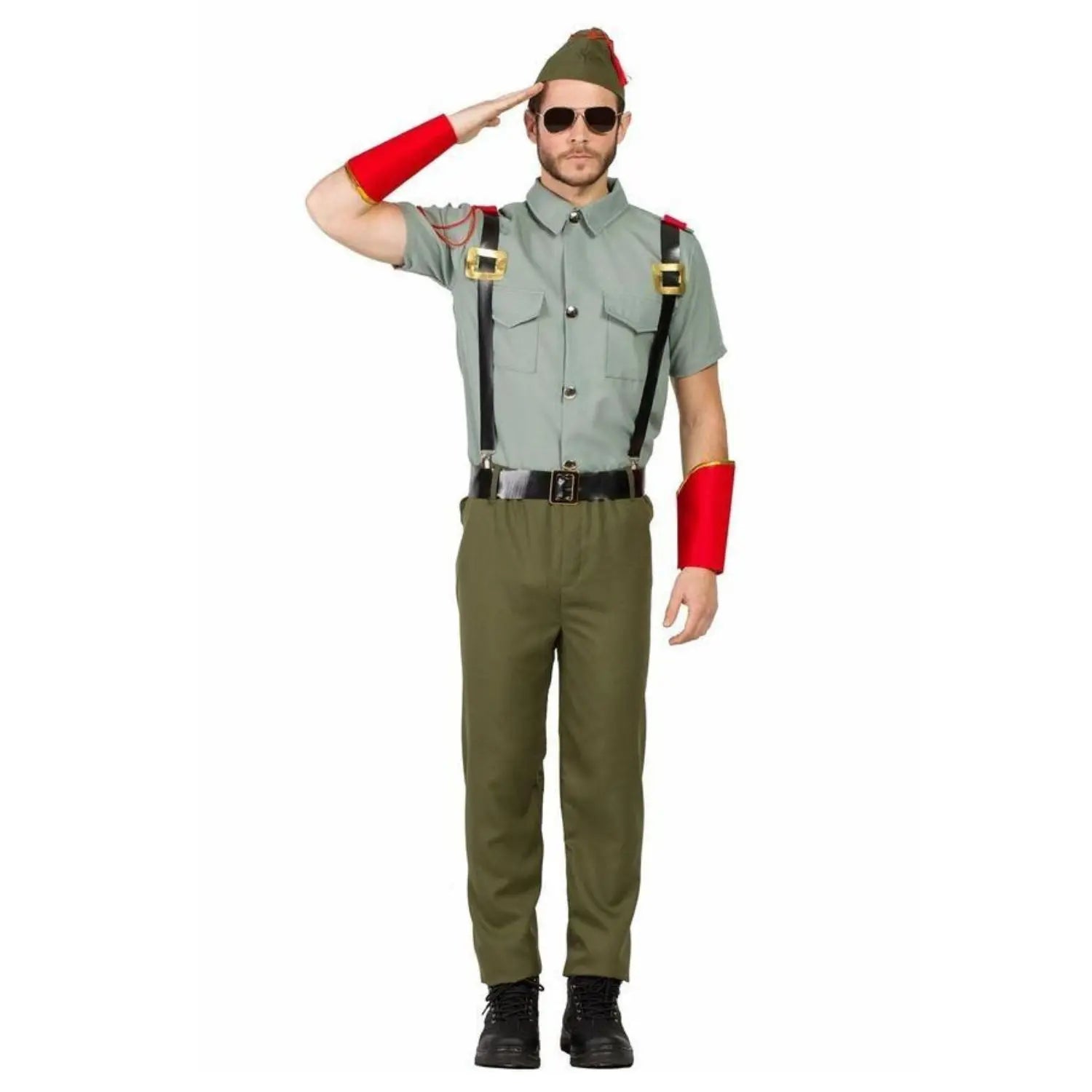 Disfraz de legionario para hombre adulto con gorro camisa pantalón tirantes y cinturón estilo militar festivo