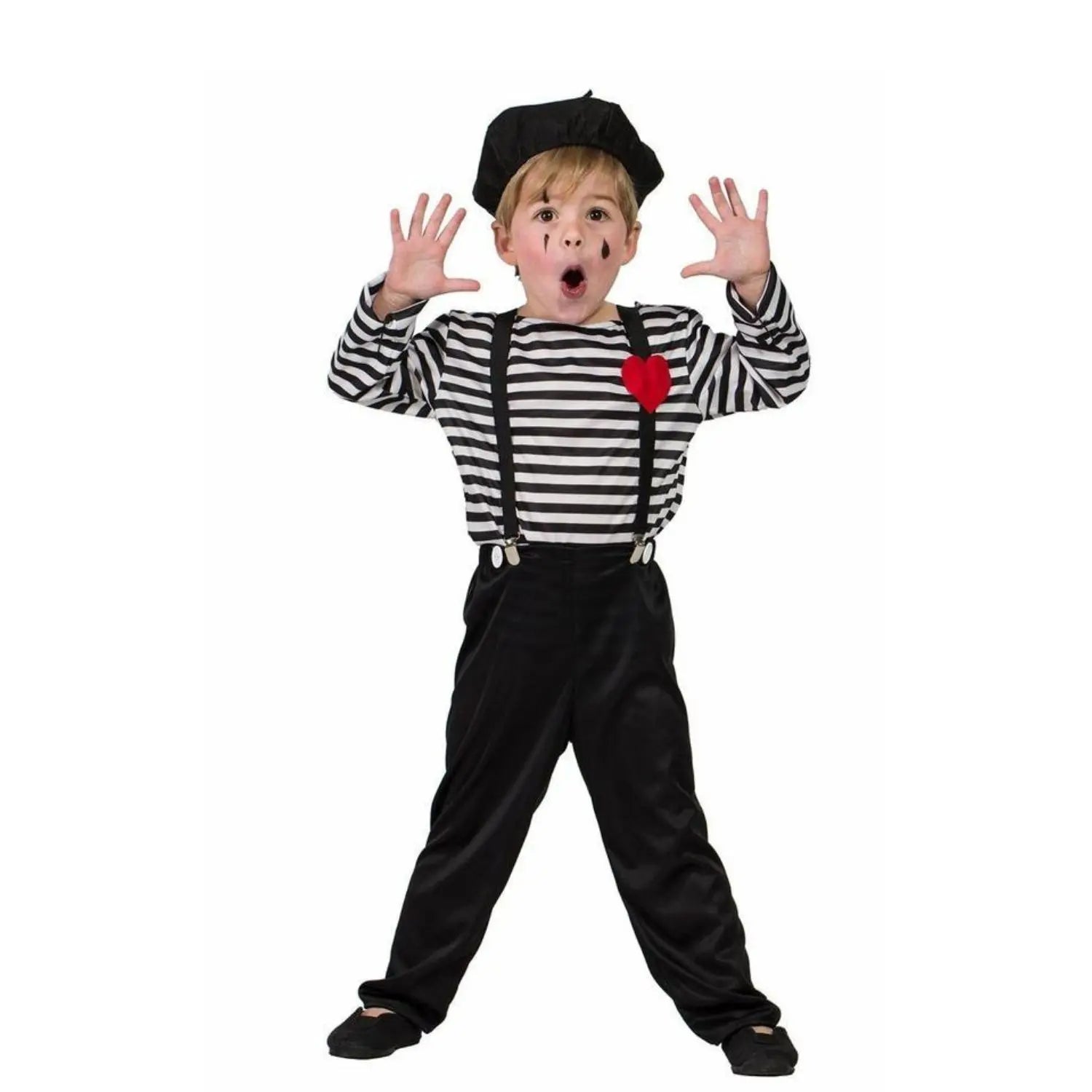 Disfraz de mimo para niño con boina, camiseta a rayas, pantalón, guantes y tirantes ajustables para Carnaval
