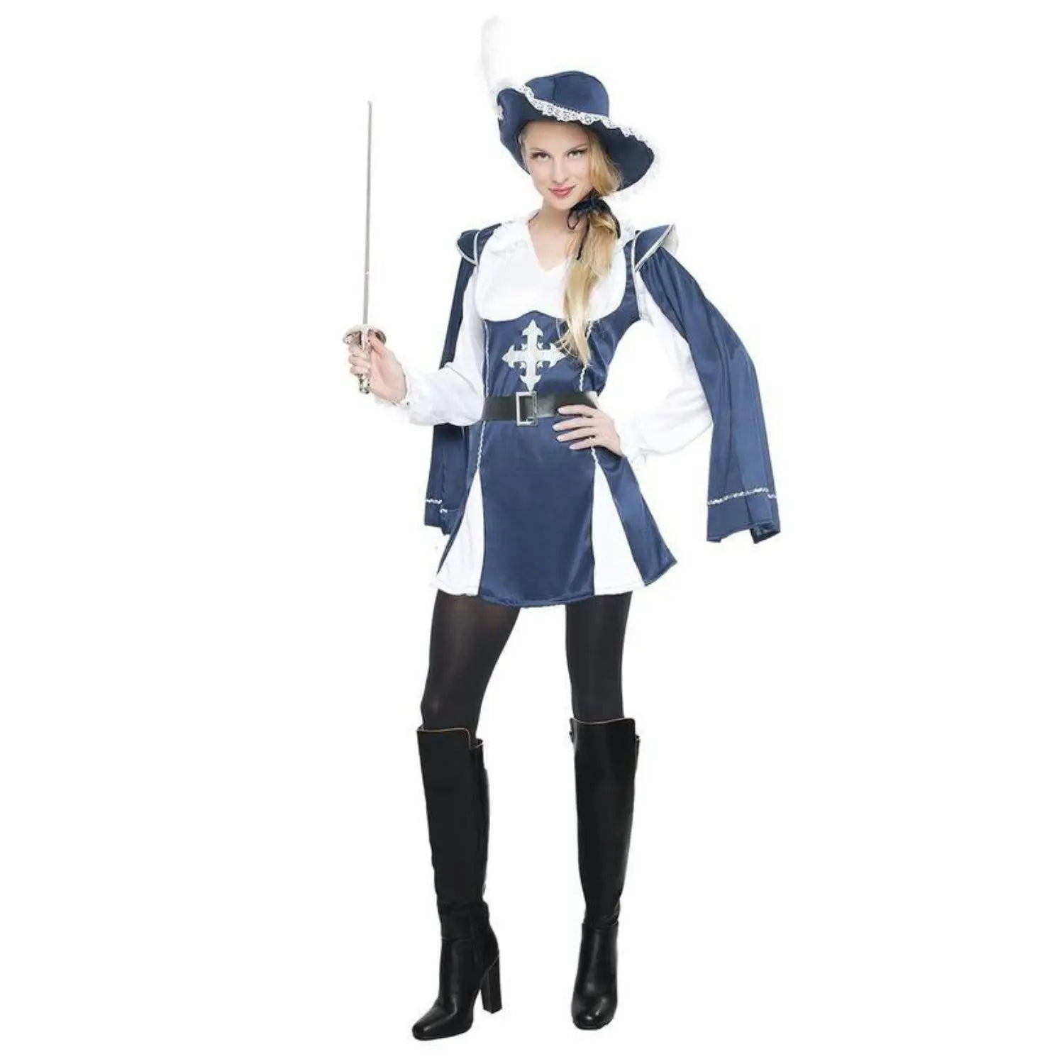 Disfraz de mosquetera para mujer adulto con vestido, cinturón y sombrero estilo época elegante