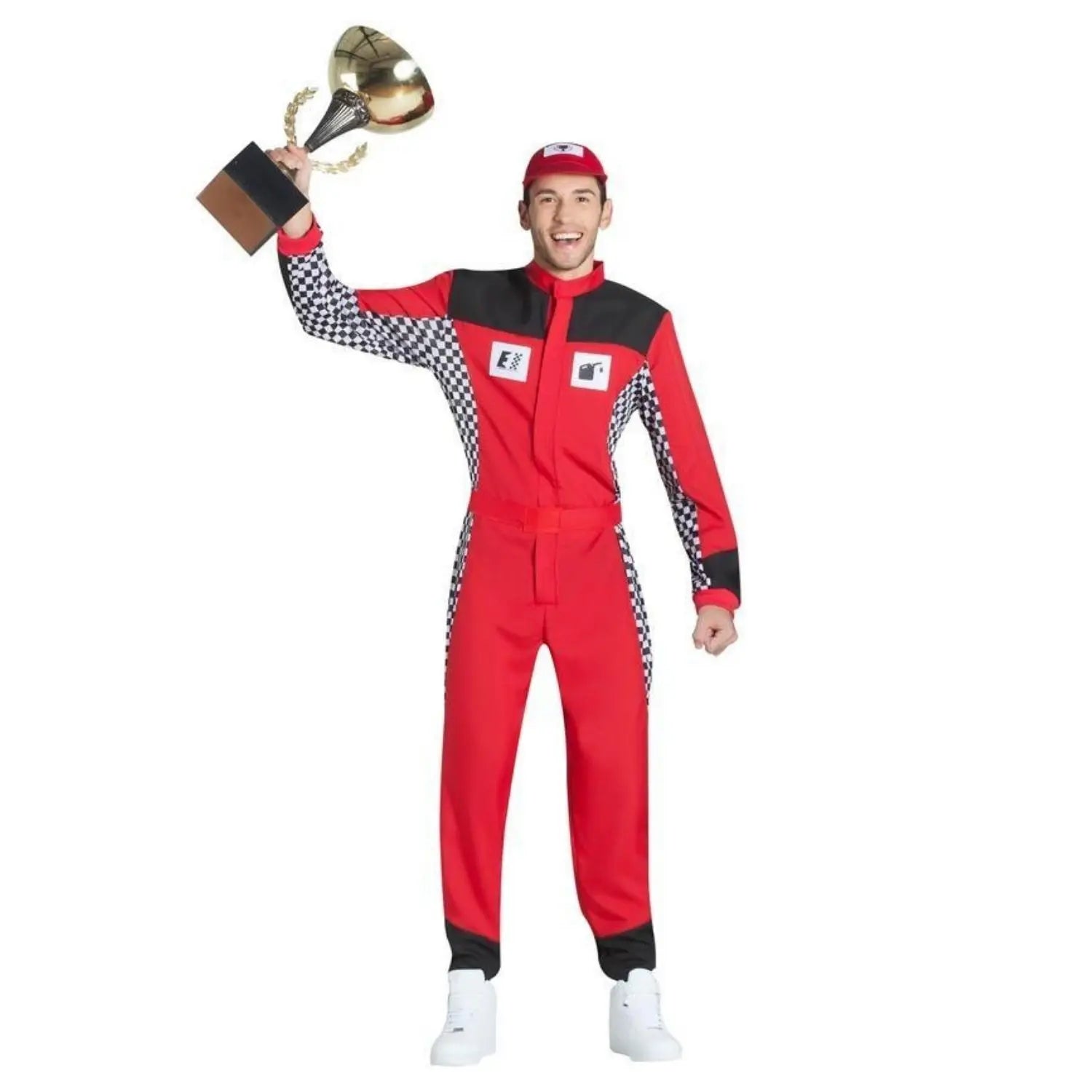 Disfraz de piloto de coches para adulto con mono de competición, gorra y cinturón, ideal para Carnaval y fiestas temáticas
