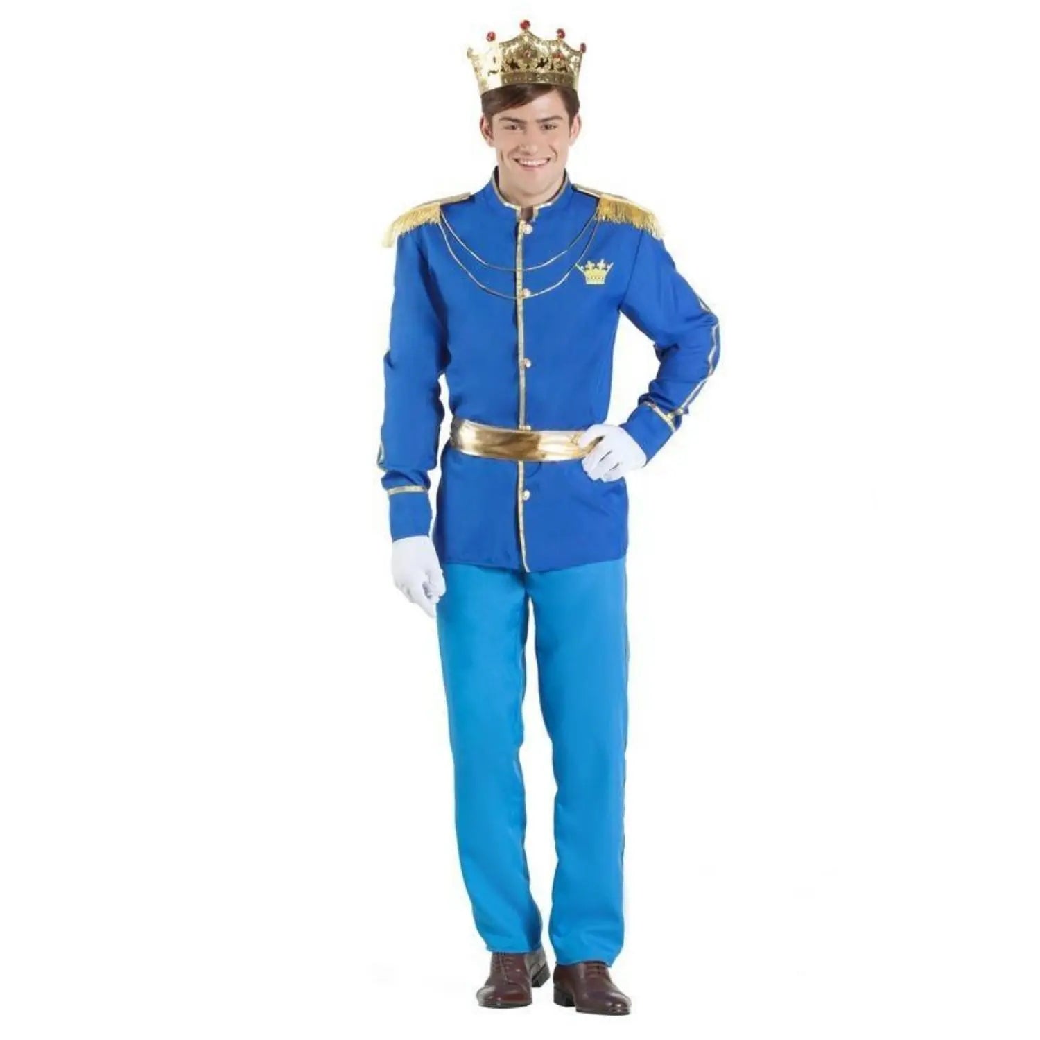 Disfraz de Príncipe Azul para adulto con chaqueta elegante azul, pantalón, fajín y guantes, ideal para Carnaval o fiestas temáticas