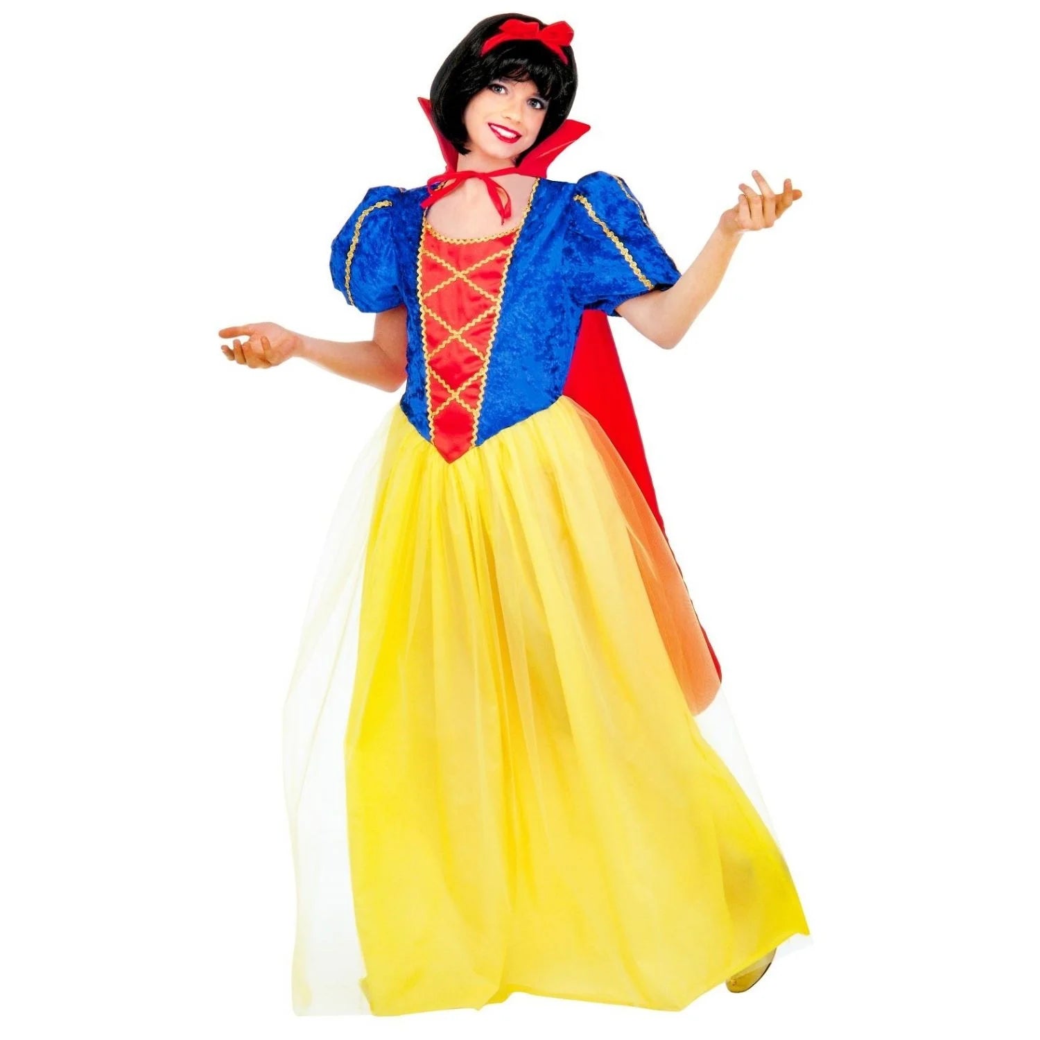 Disfraz Blancanieves infantil con vestido amarillo, capa roja y lazo para Carnaval