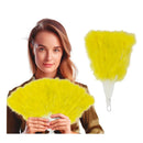 abanico de plumas amarillo como complemento para disfraz de cabaret burlesque o charlestón ideal para fiestas temáticas