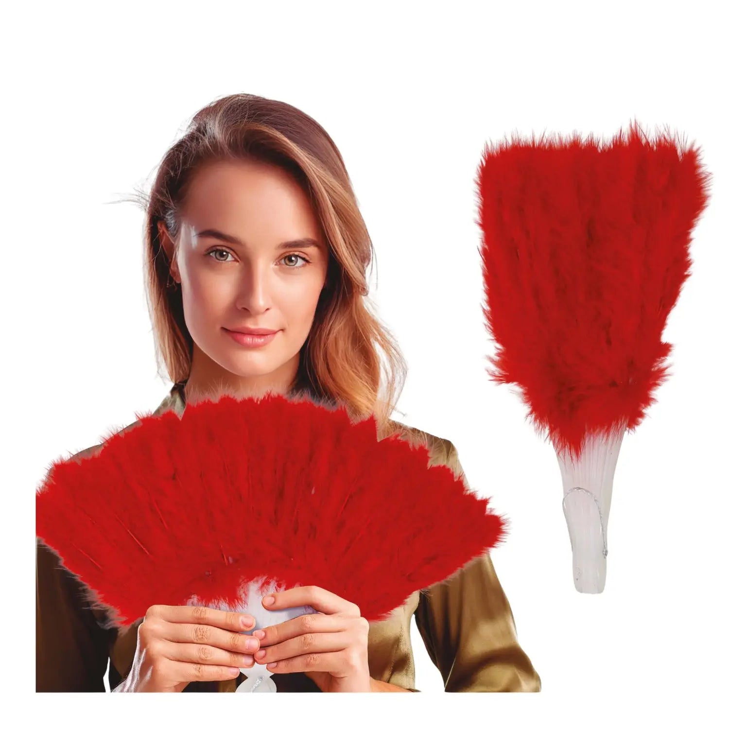 abanico de plumas rojo como complemento para disfraz de cabaret burlesque o charlestón ideal para fiestas temáticas
