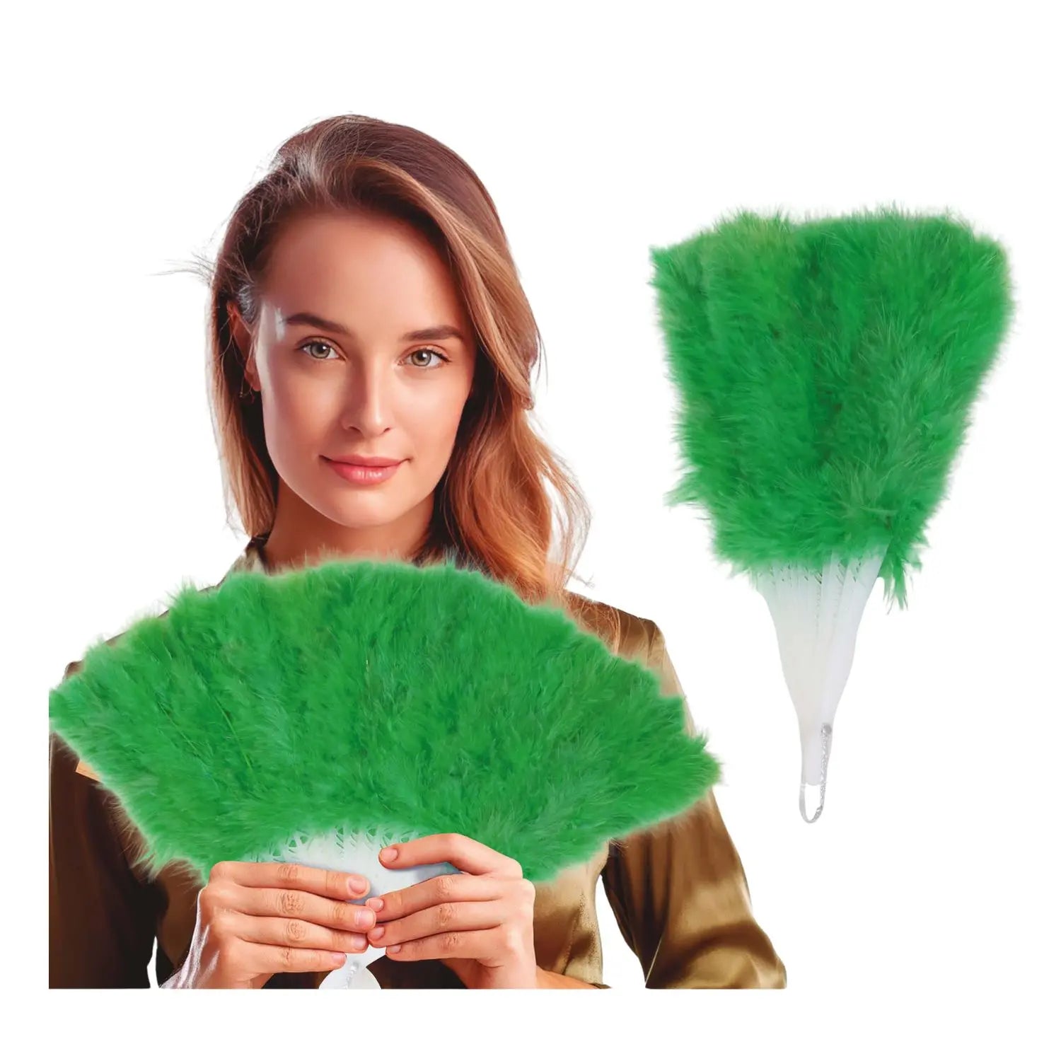 abanico de plumas verde como complemento para disfraz de cabaret burlesque o charlestón ideal para fiestas temáticas
