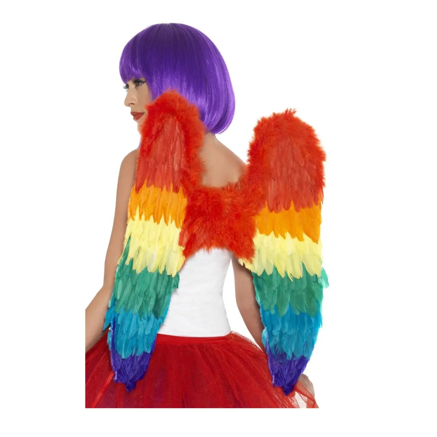 alas multicolor de plumas complemento para look de fantasía o arcoíris en fiestas temáticas