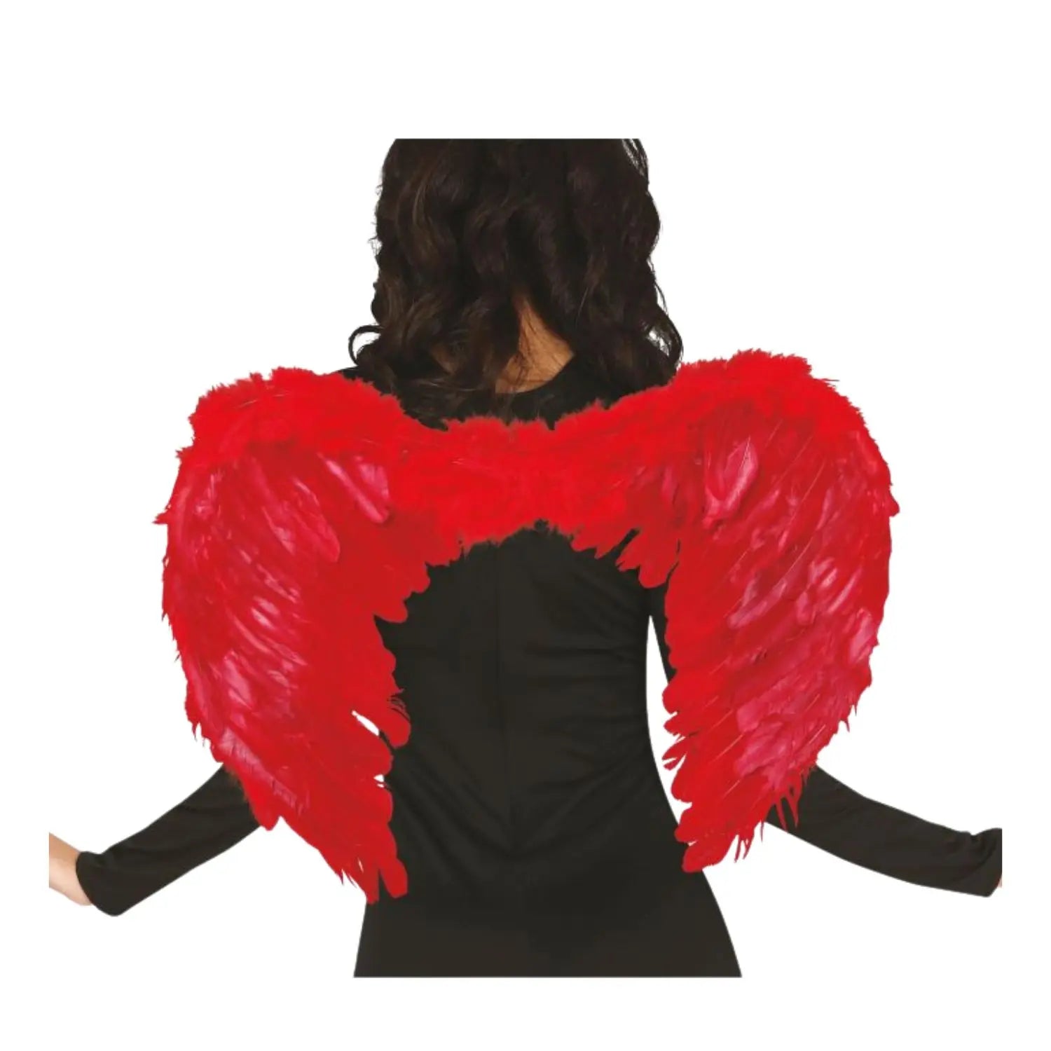 alas rojas de plumas complemento para look de fantasía o estilo diabla en Halloween y fiestas temáticas