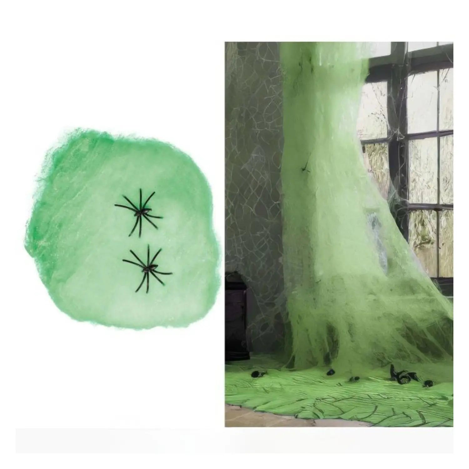 Bolsa de telaraña verde de 60 gramos con arañas decorativas para Halloween