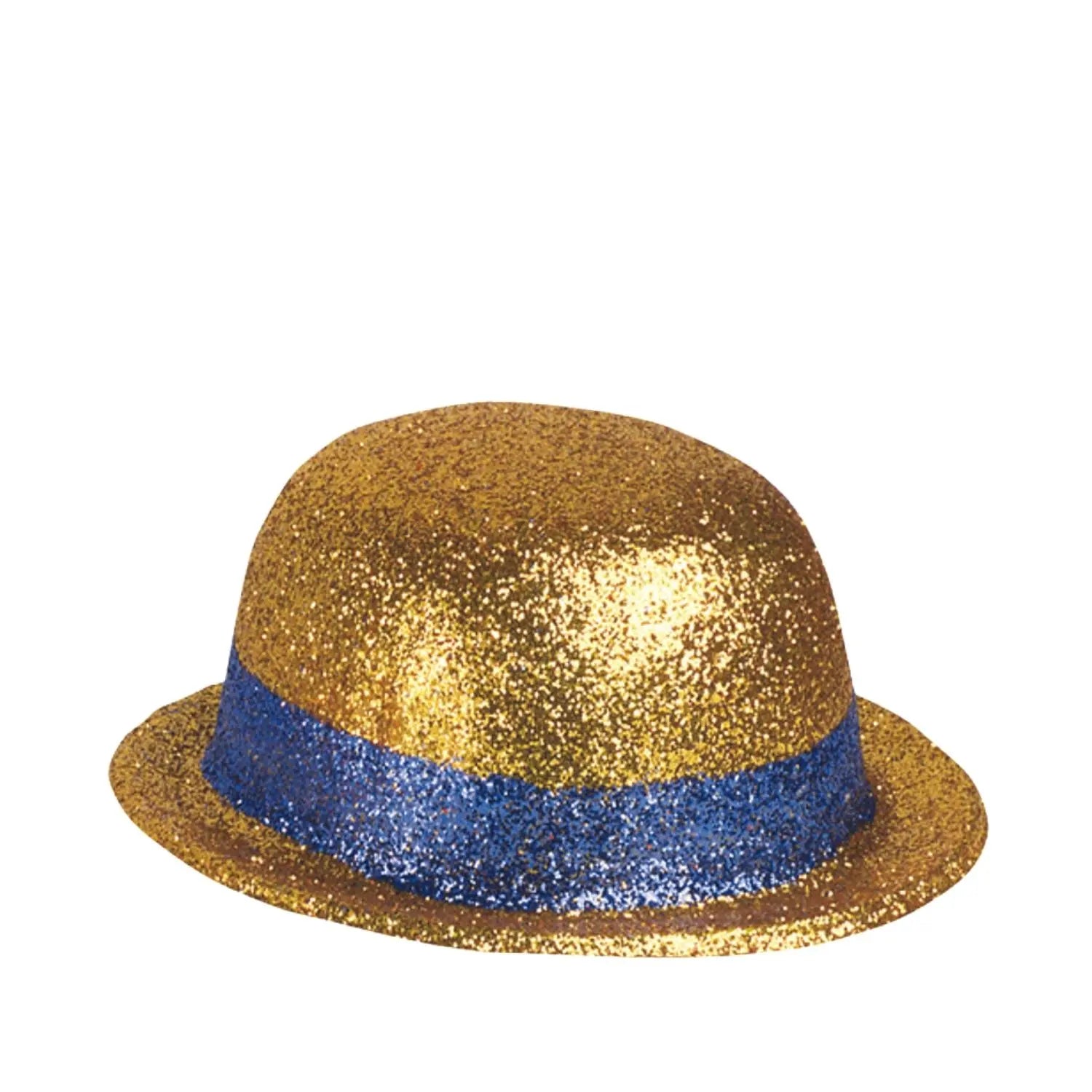 bombin dorado con escarcha y cinta azul para look elegante cabaret o fiesta en eventos y celebraciones