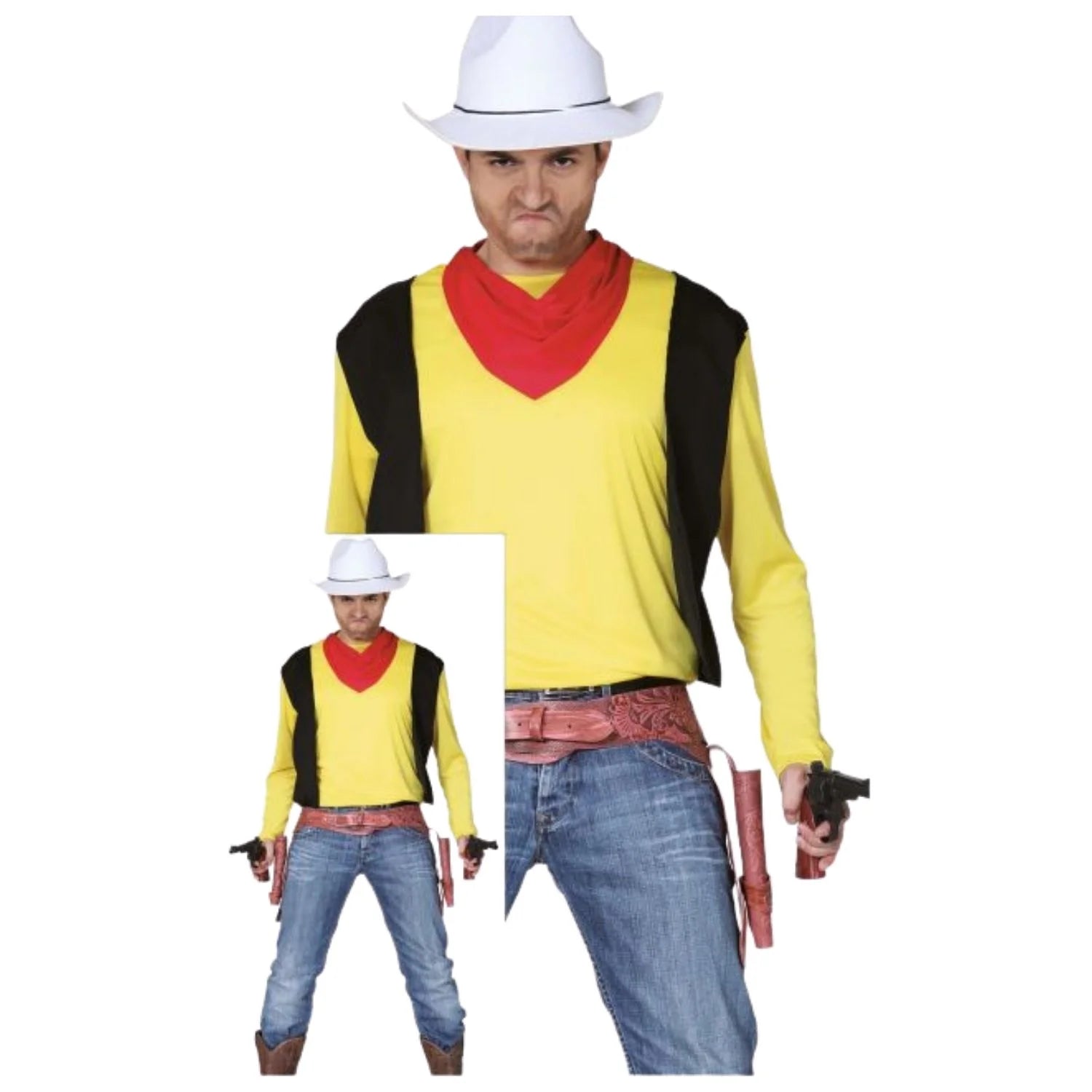 Camisa Lucky Luke con chaleco delantero y pañuelo rojo para disfraz cowboy