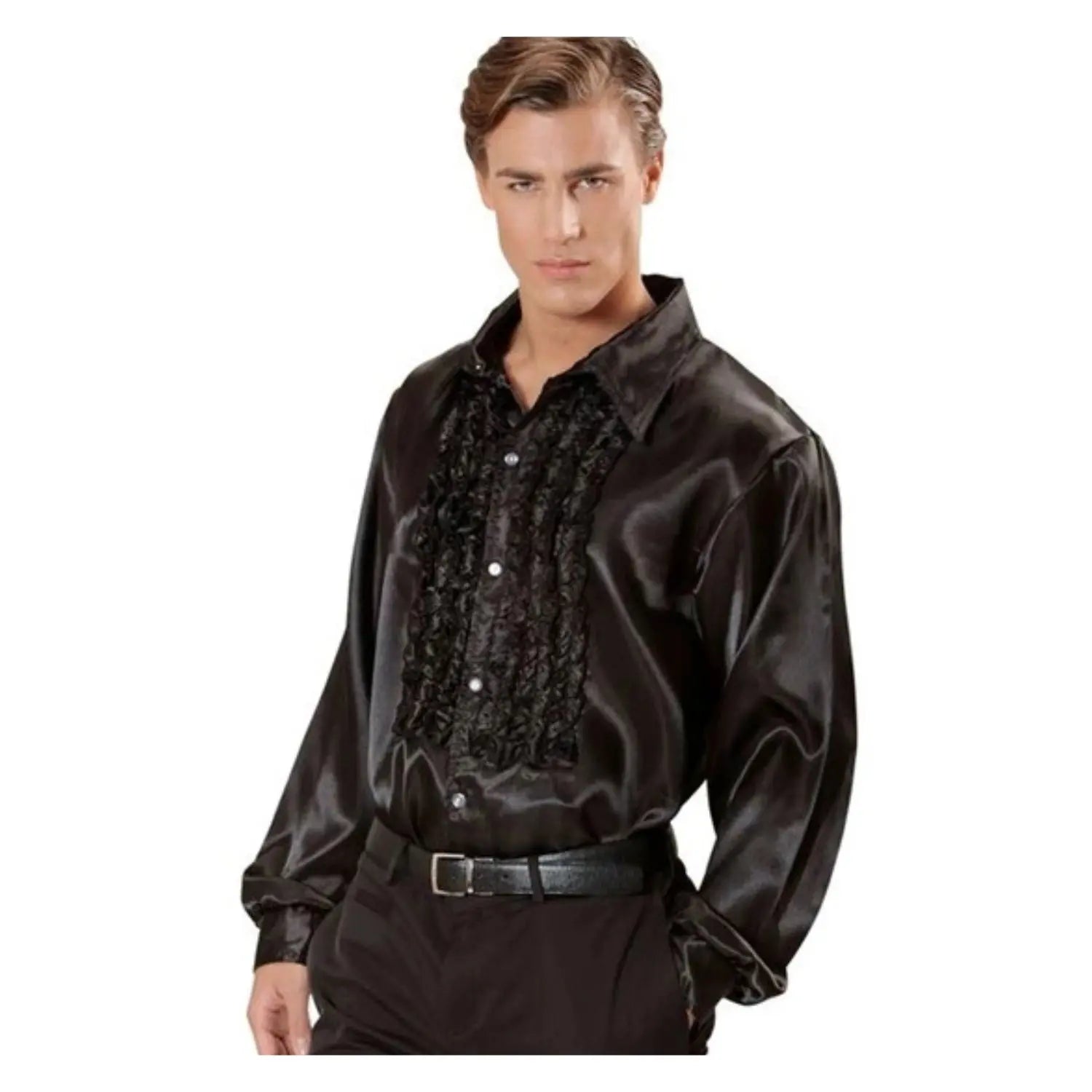 Camisa de raso negra para adulto con elegantes chorreras de estilo pirata y época