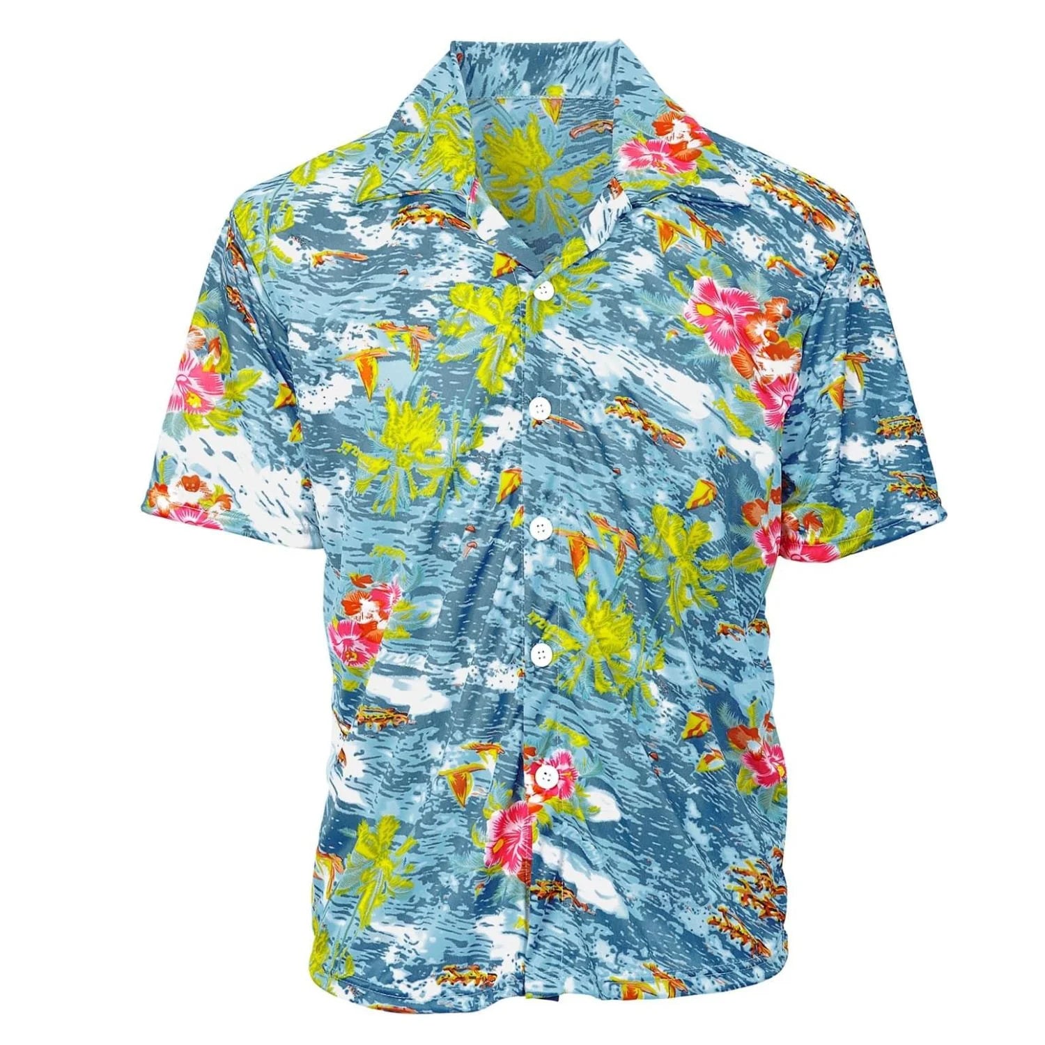 Camisa hawaiana fondo azul para fiestas temáticas