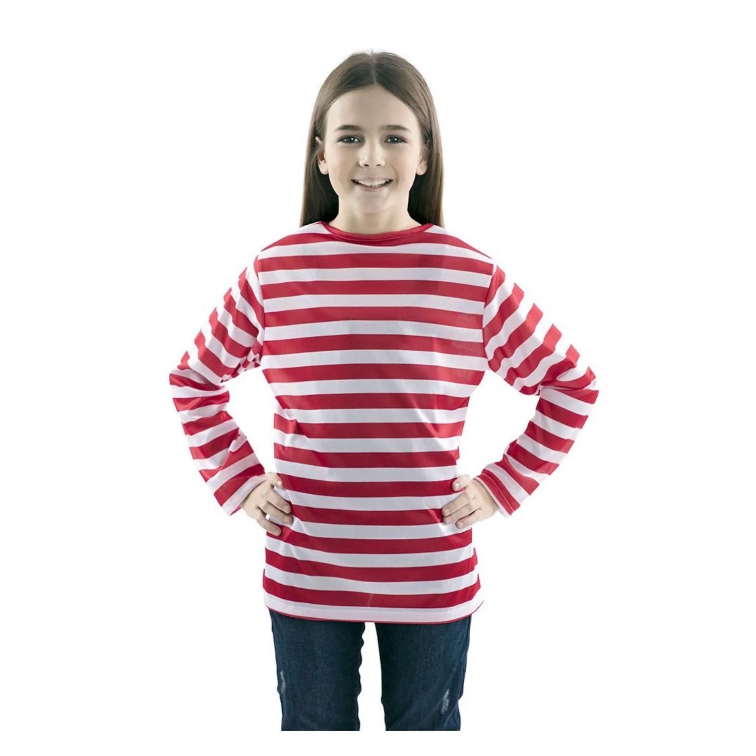 Niña con camiseta infantil de rayas rojas y blancas para disfraz