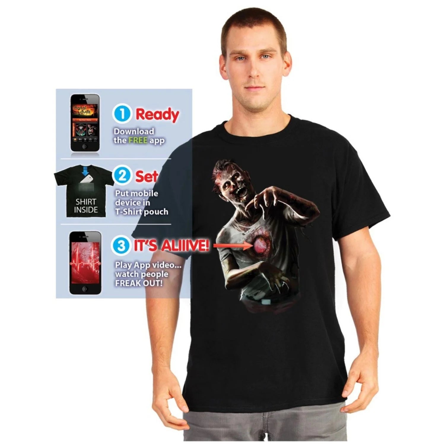 Camiseta Zombie Corazón Latiendo Morphsuit Adulto con efecto interactivo para móvil