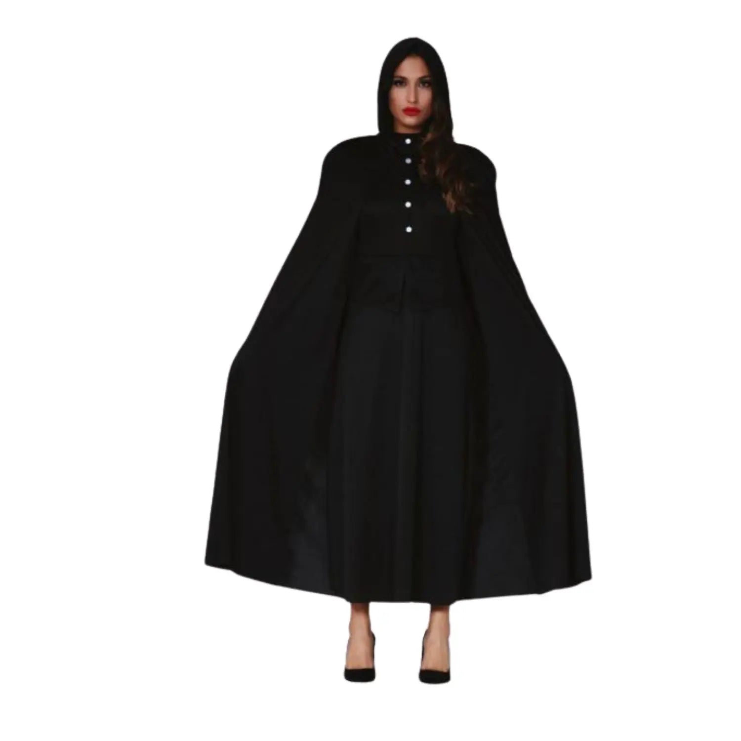capa negra con capucha complemento para look de terror o estilo misterioso en Halloween