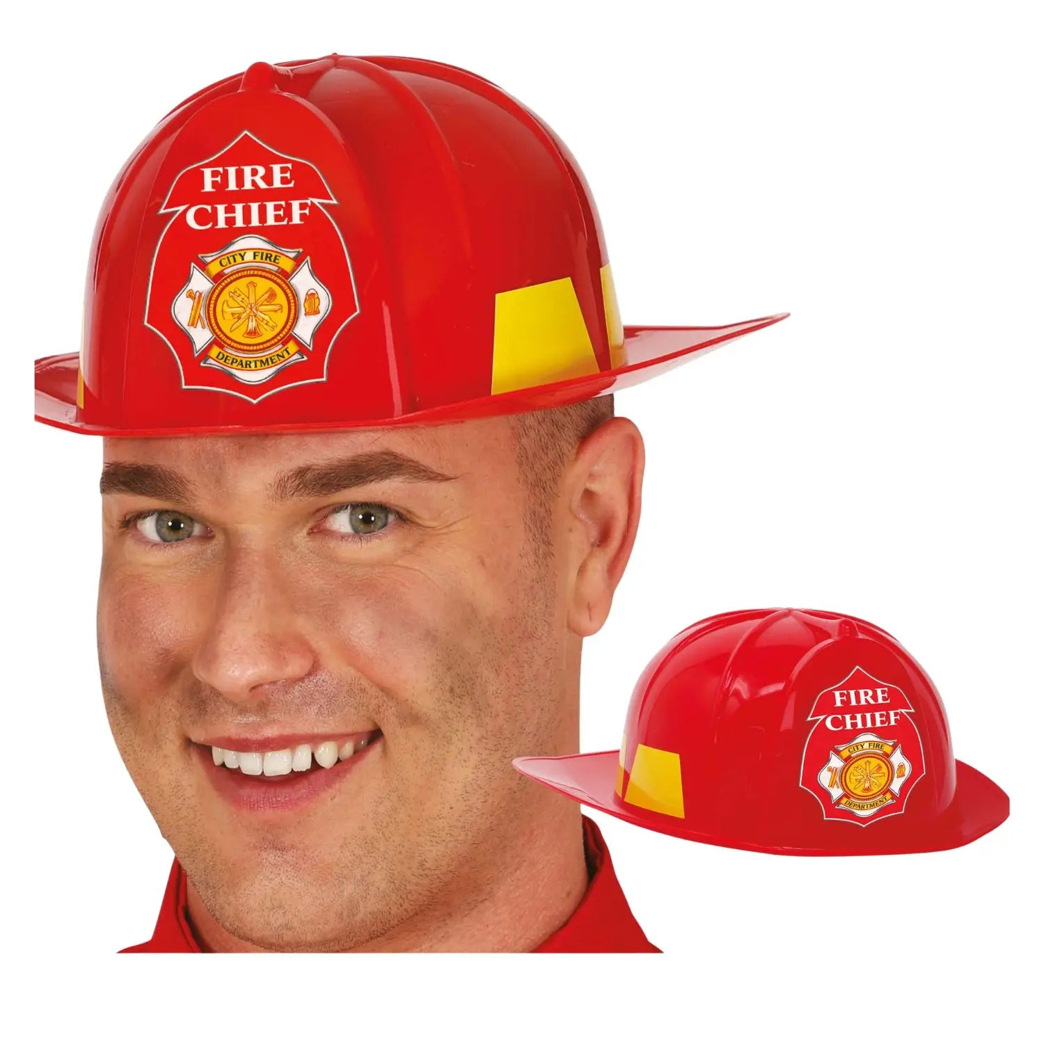 Casco de bombero adulto rojo de plástico con emblema frontal