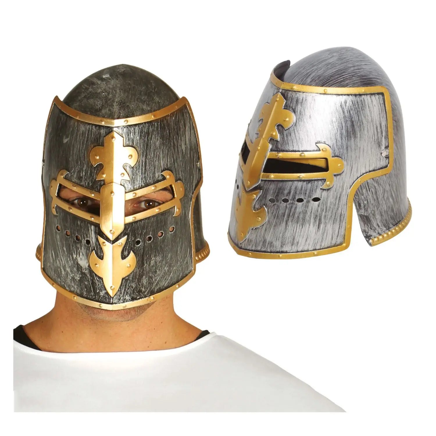 Casco de caballero medieval plateado con detalles dorados para disfraz