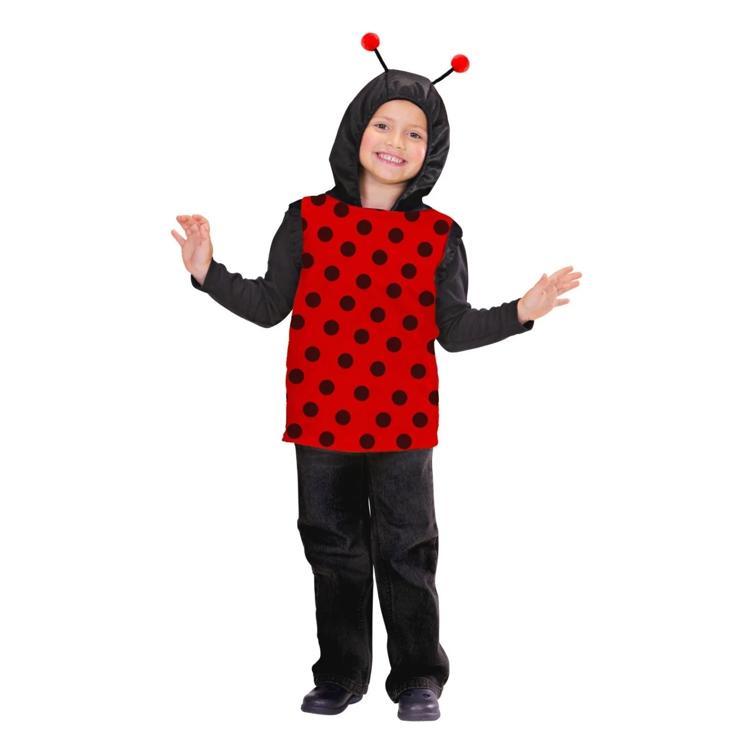 Niño con chaleco rojo de mariquita con lunares negros y capucha con antenas